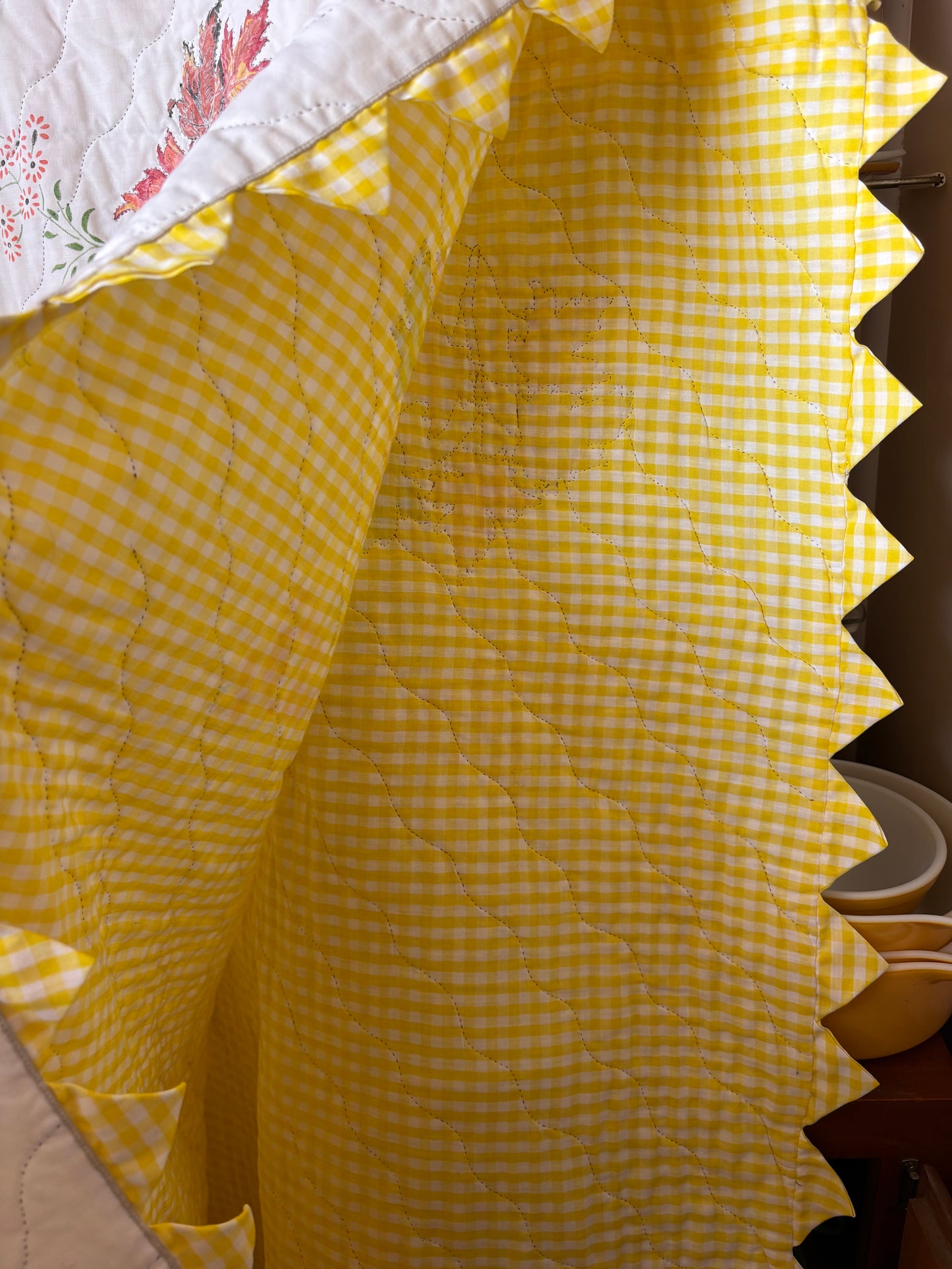 Yellow Gingham, Fall Leaves Quilt 58x74 inches