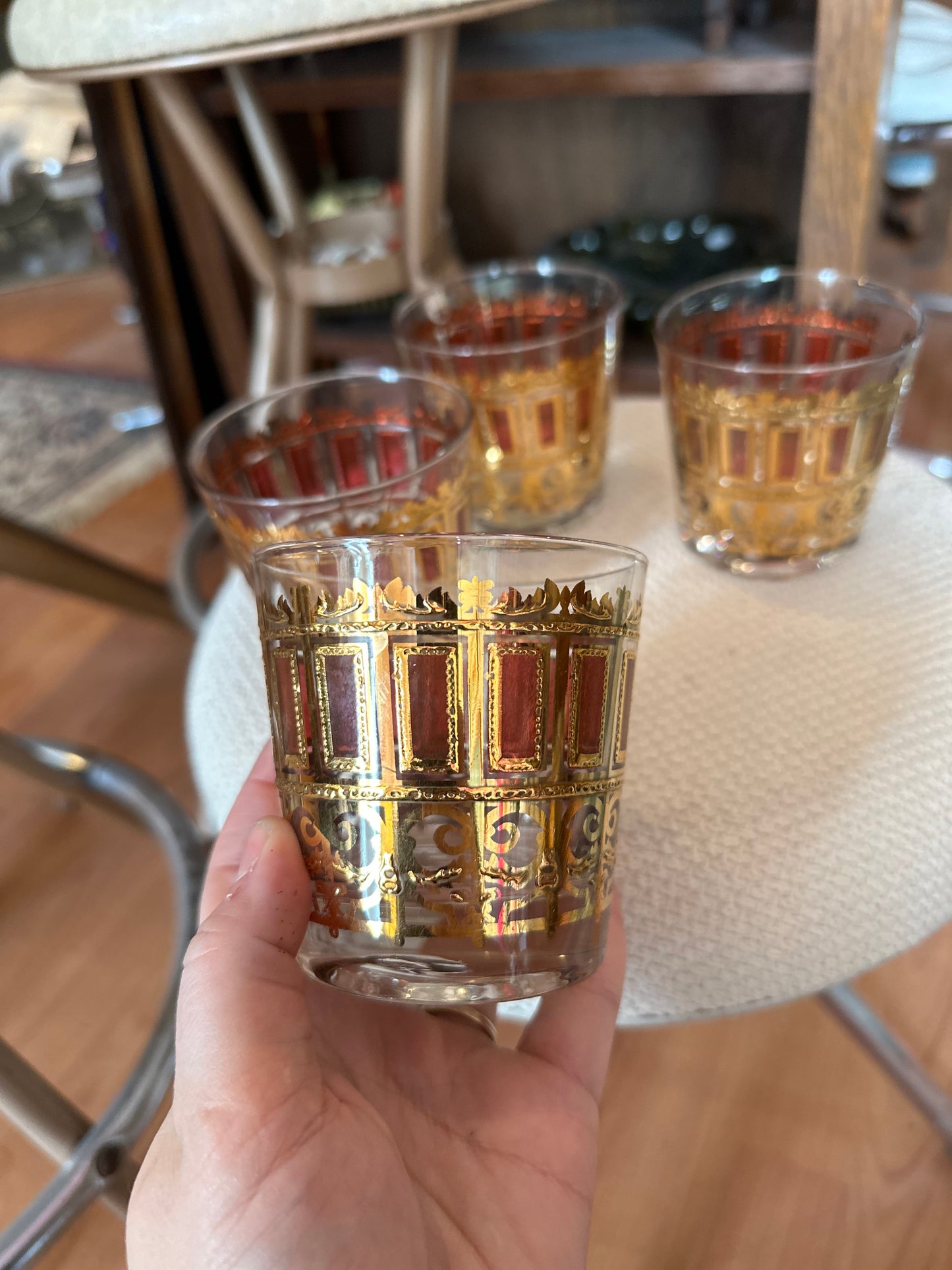 Set of 4 Libbey Mid Century Gold filigree barware