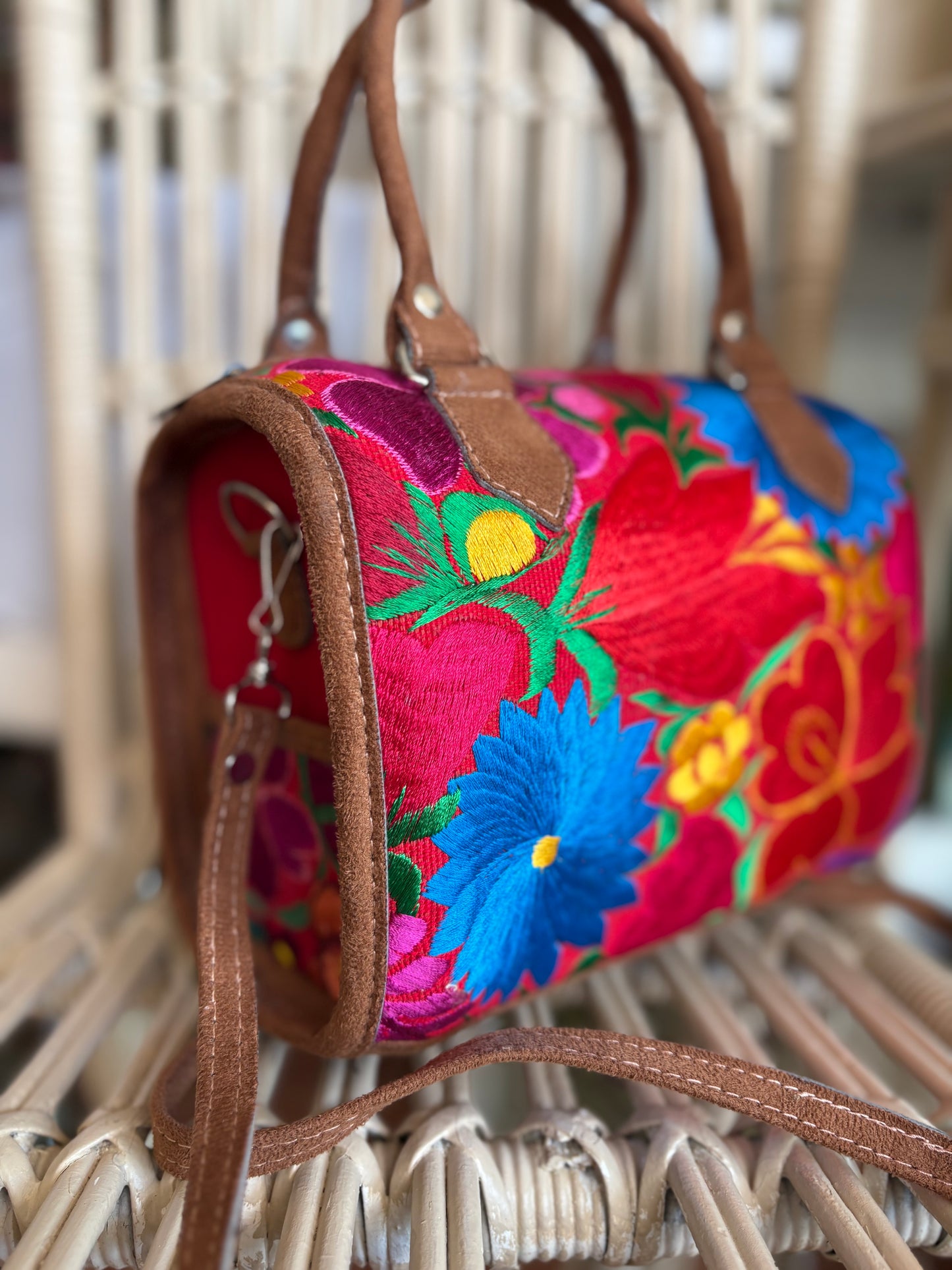 Embroidered Floral Handbag with long strap