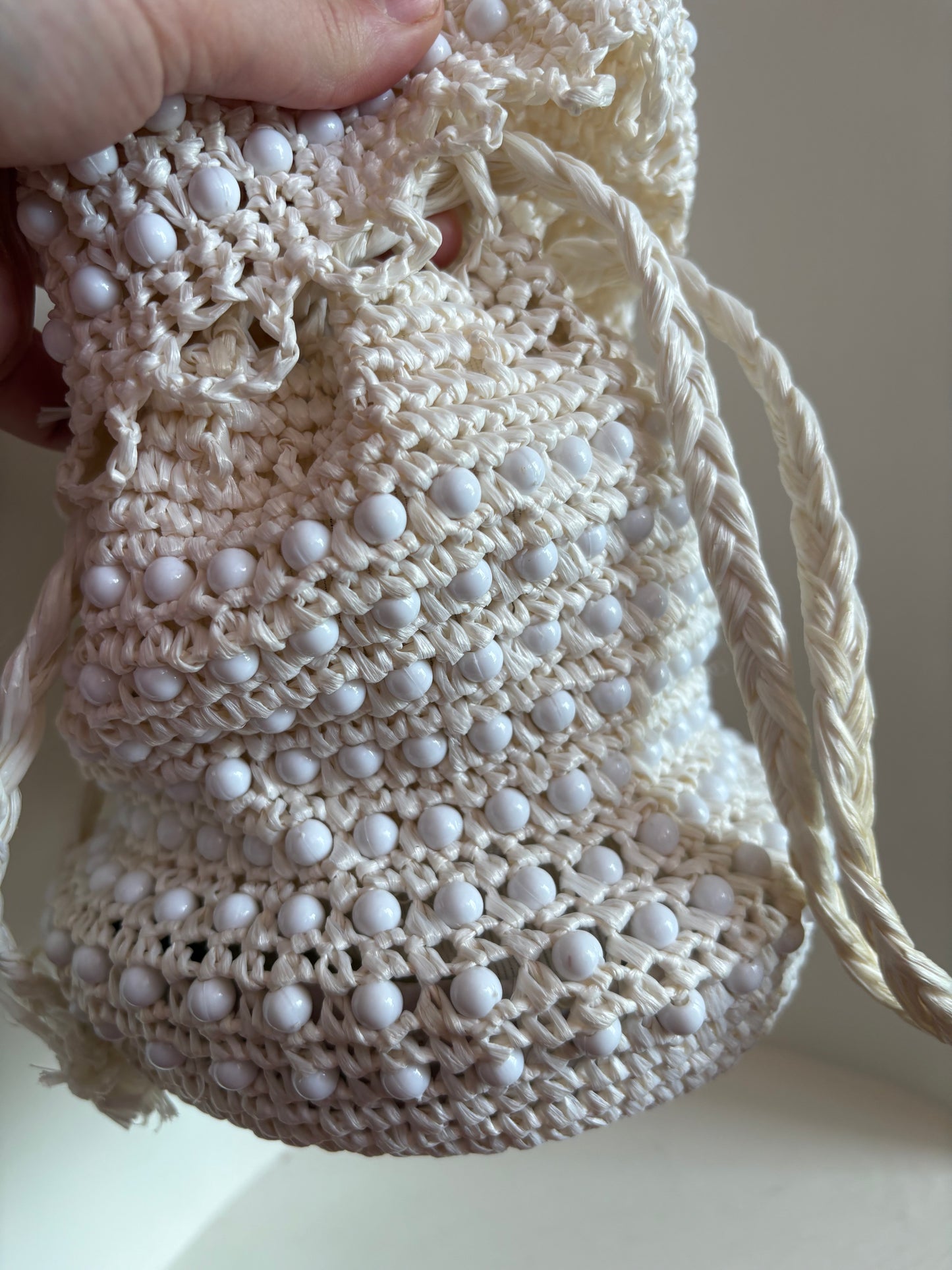 Woven bucket purse with white beads - made in Japan