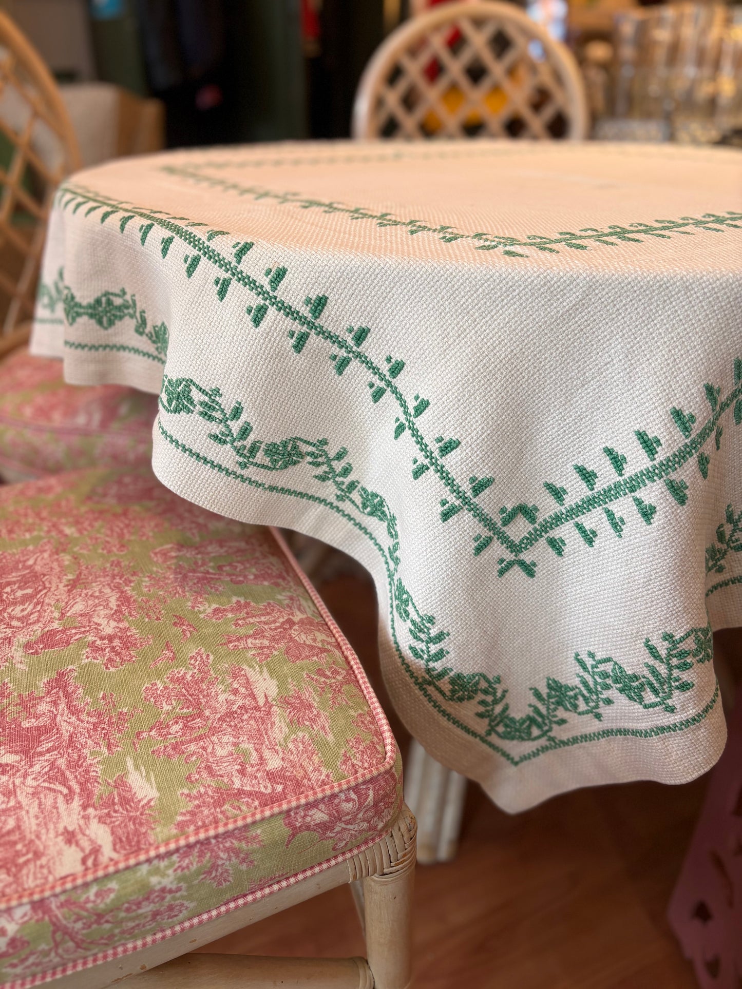 Beige Tablecloth with Green details - 54x54 inches