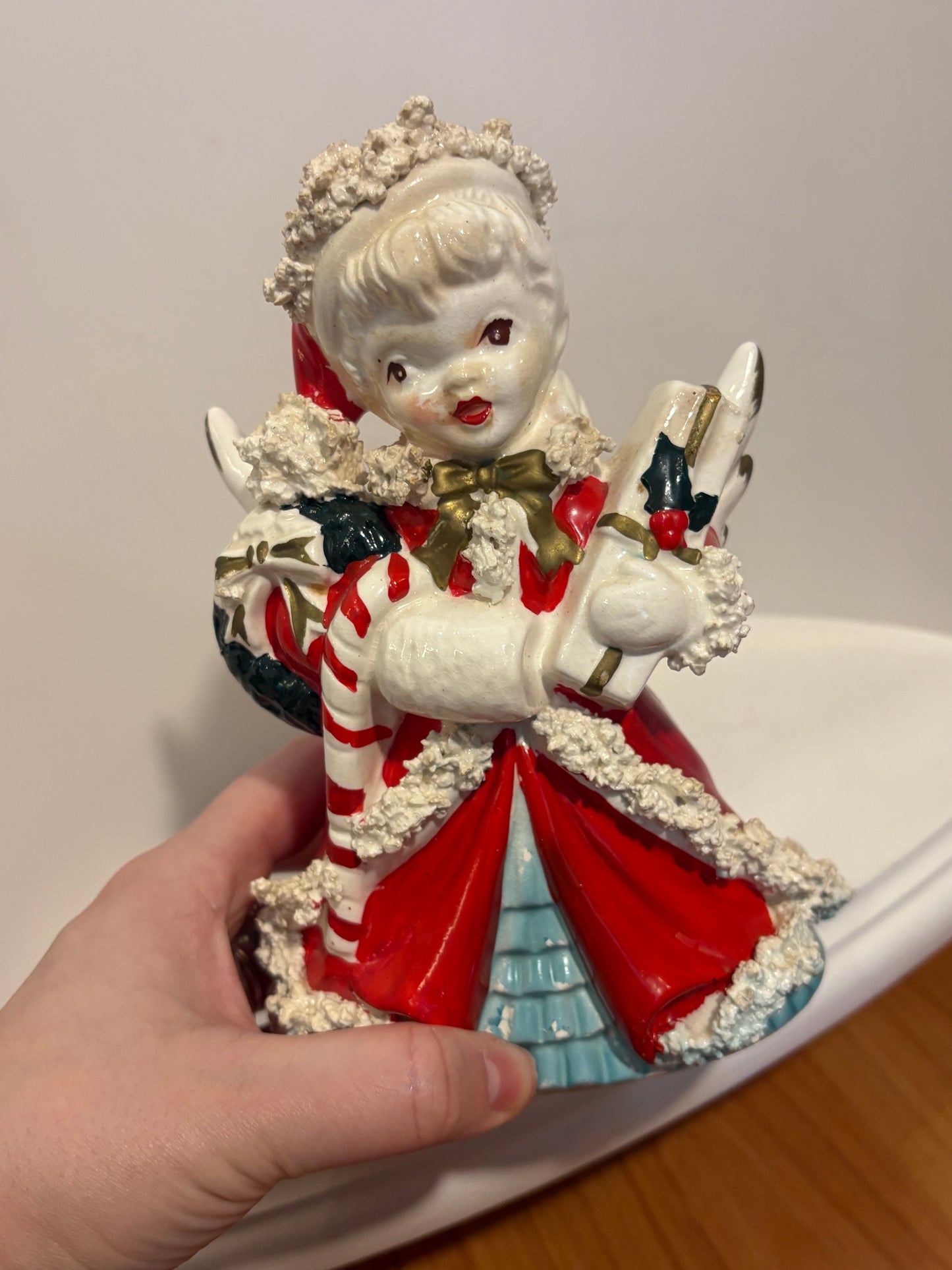 Napco Christmas Shopping Girl Planter- candy cane and gifts