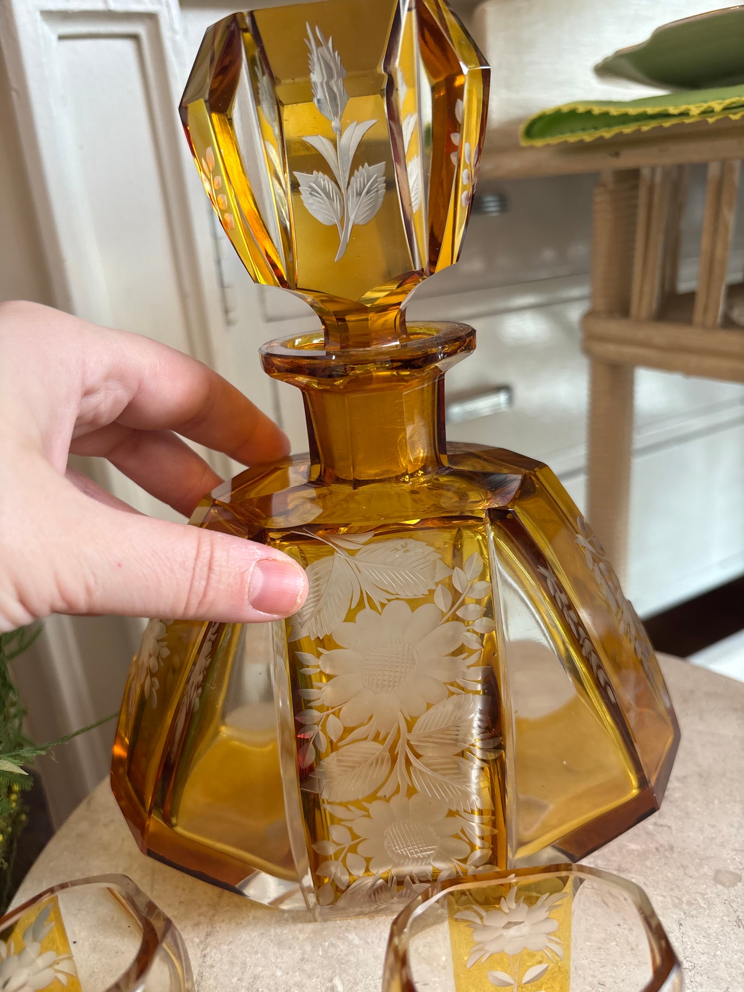 Etched Glass Decanter Set with shot glasses