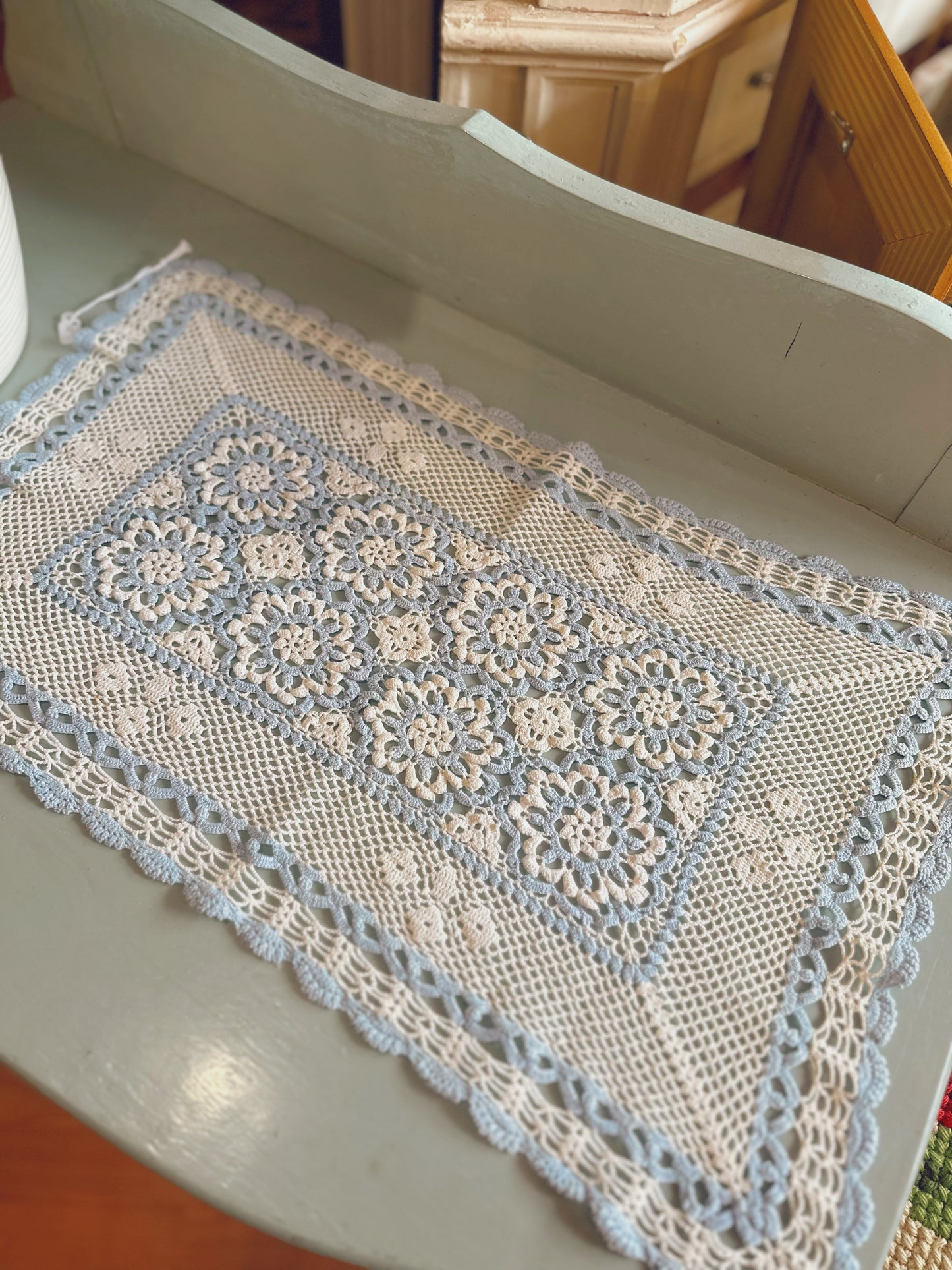 Crochet floral Table runner - blue & white