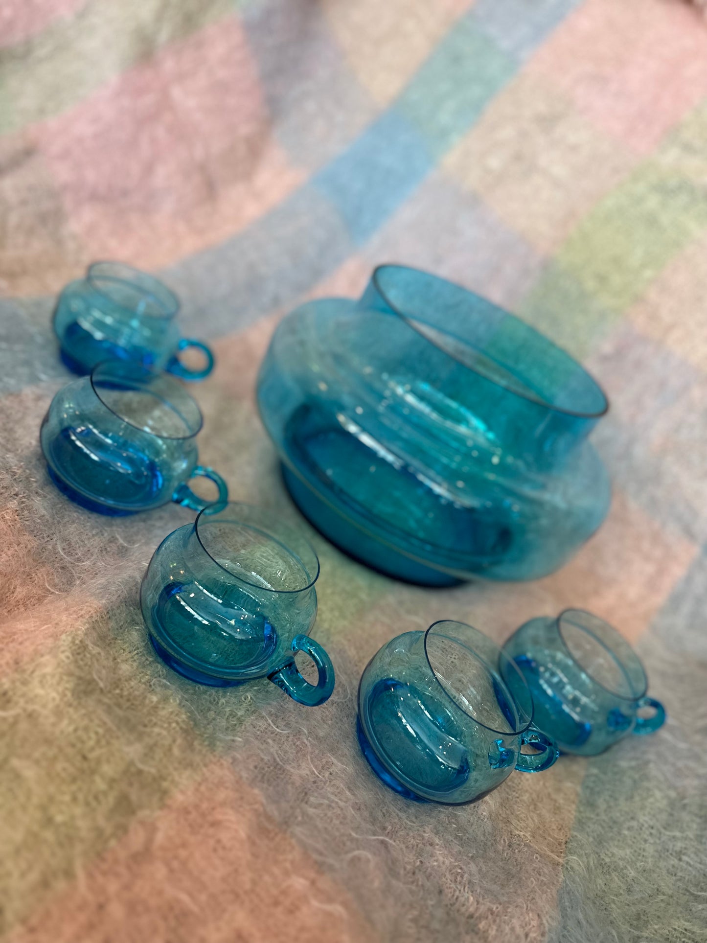 Six piece blue glass punch bowl set