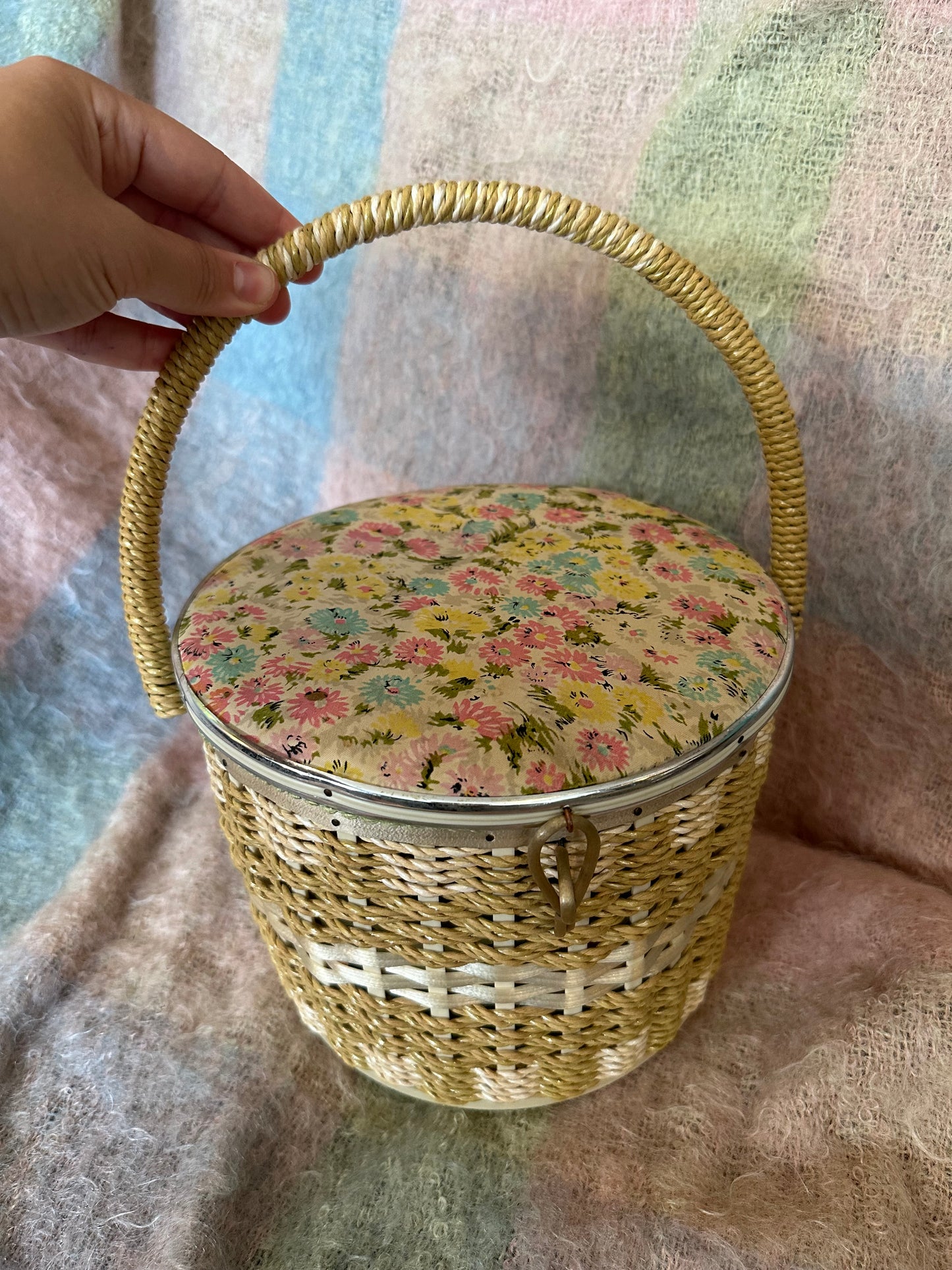 Round sewing basket with floral fabric detail