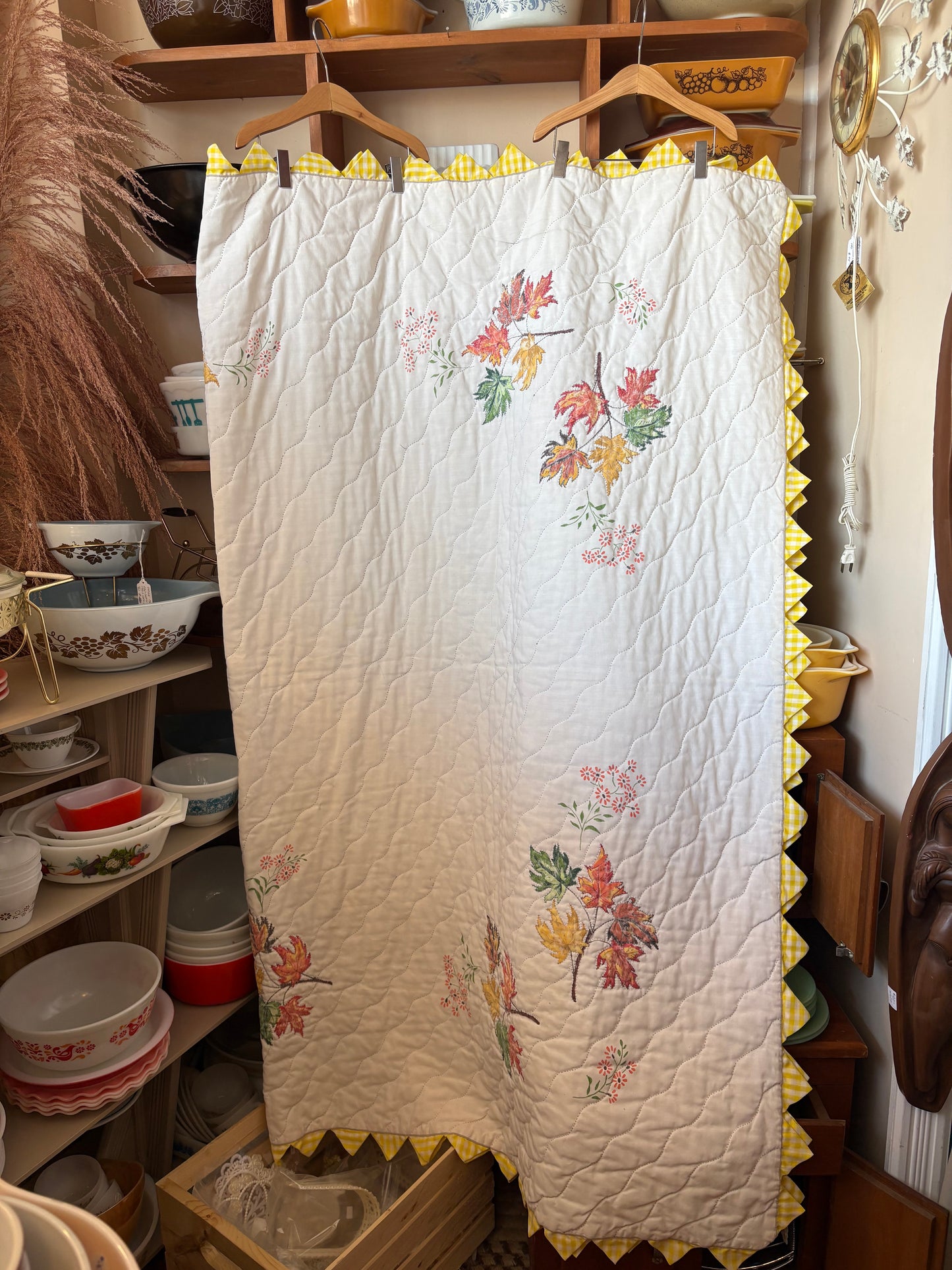 Yellow Gingham, Fall Leaves Quilt 58x74 inches