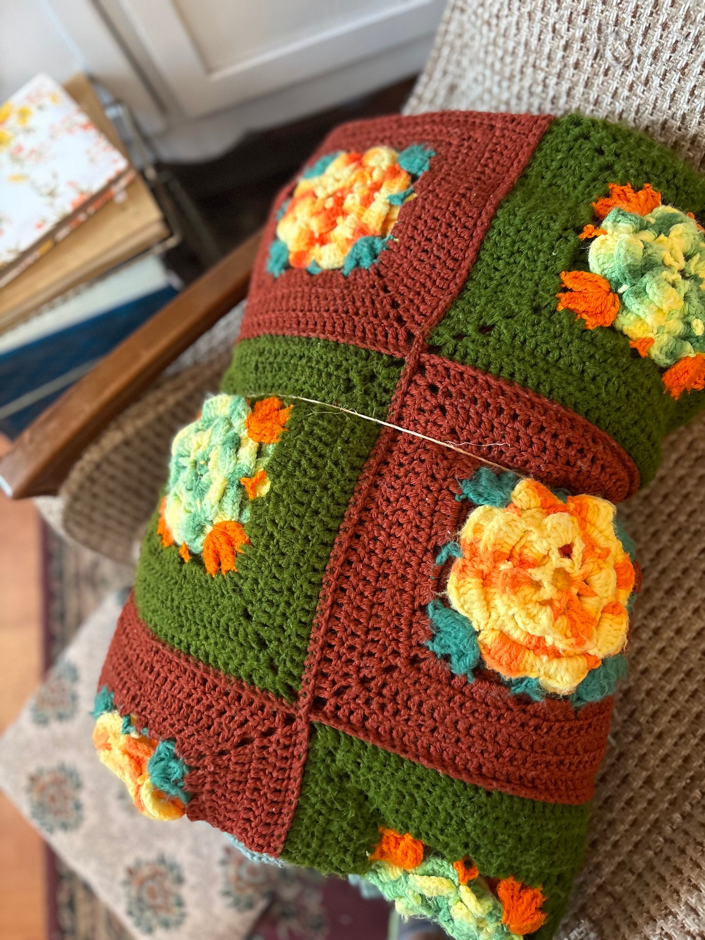 Crochet Blanket - floral squares 88x96 inches