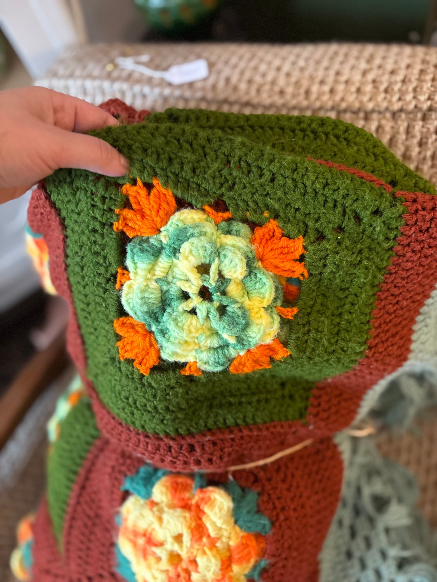 Crochet Blanket - floral squares 88x96 inches