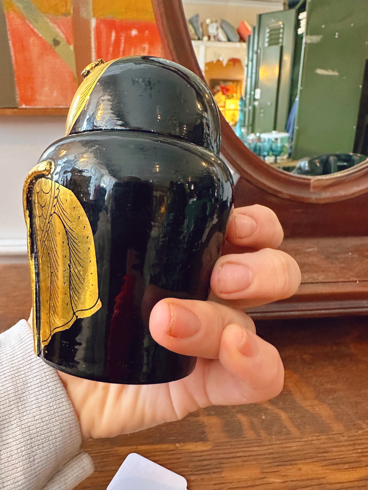 1950s Burmese Gold Leaf wooden owl jar