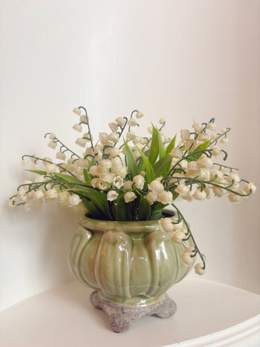 Faux Lily of the Valley in pottery vase
