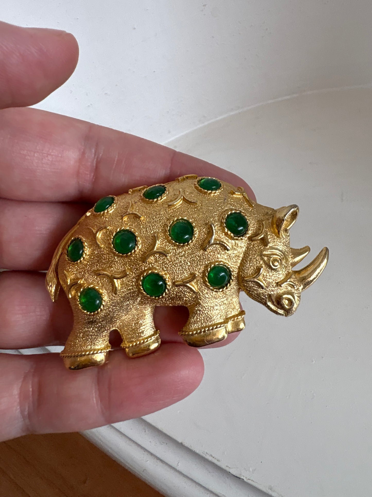 Brooch #17 -Capri Rhino with green glass cabochons