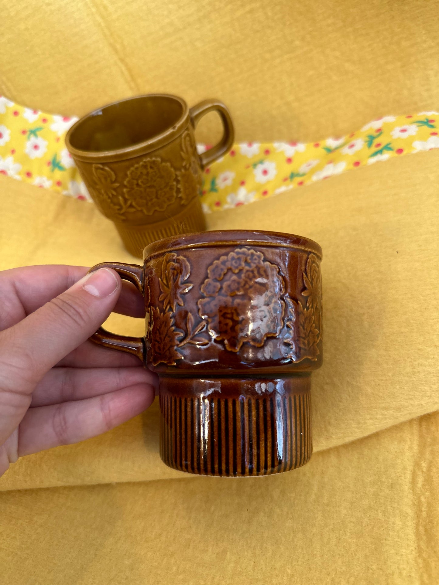 Pair of Mid Century floral coffee mugs - made in Japan