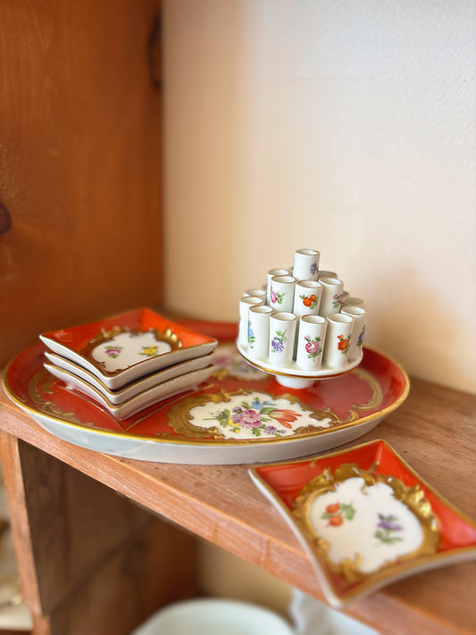 Dresden Hand Painted Cigarette Holder with small ashtrays - Mid Century