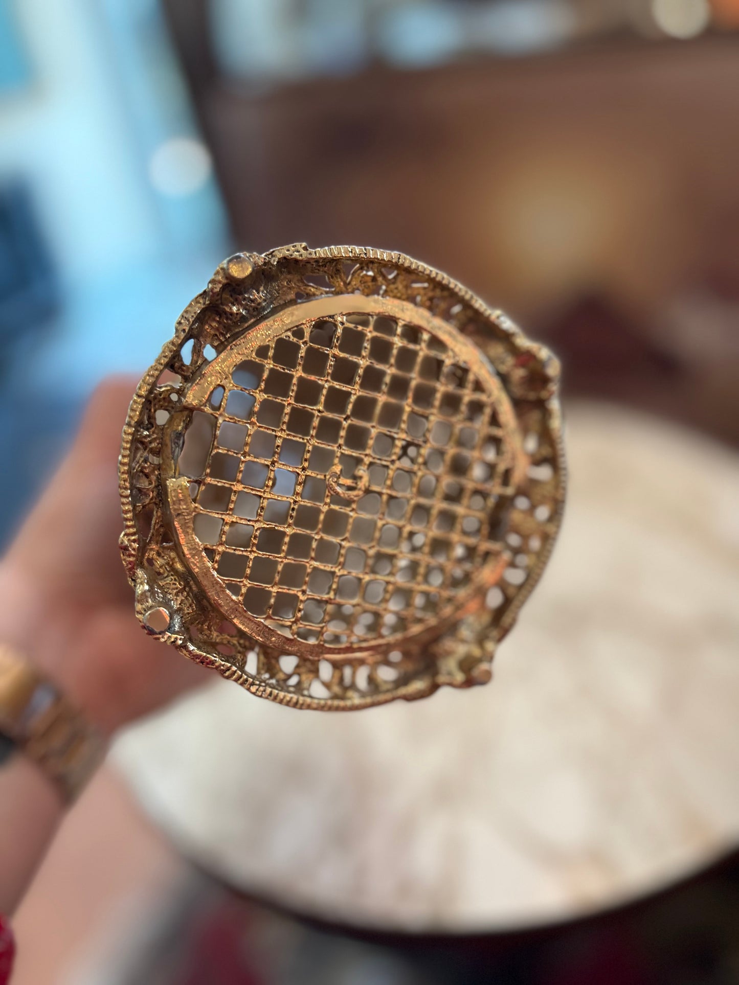 Ormolu Hollywood Regency tall round vanity trinket dish