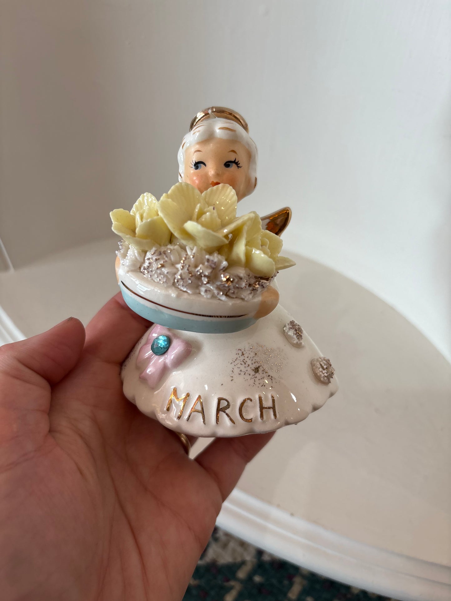 Vintage Lefton March Birthday Girl Angel Daffodil Aquamarine Spaghetti Figurine