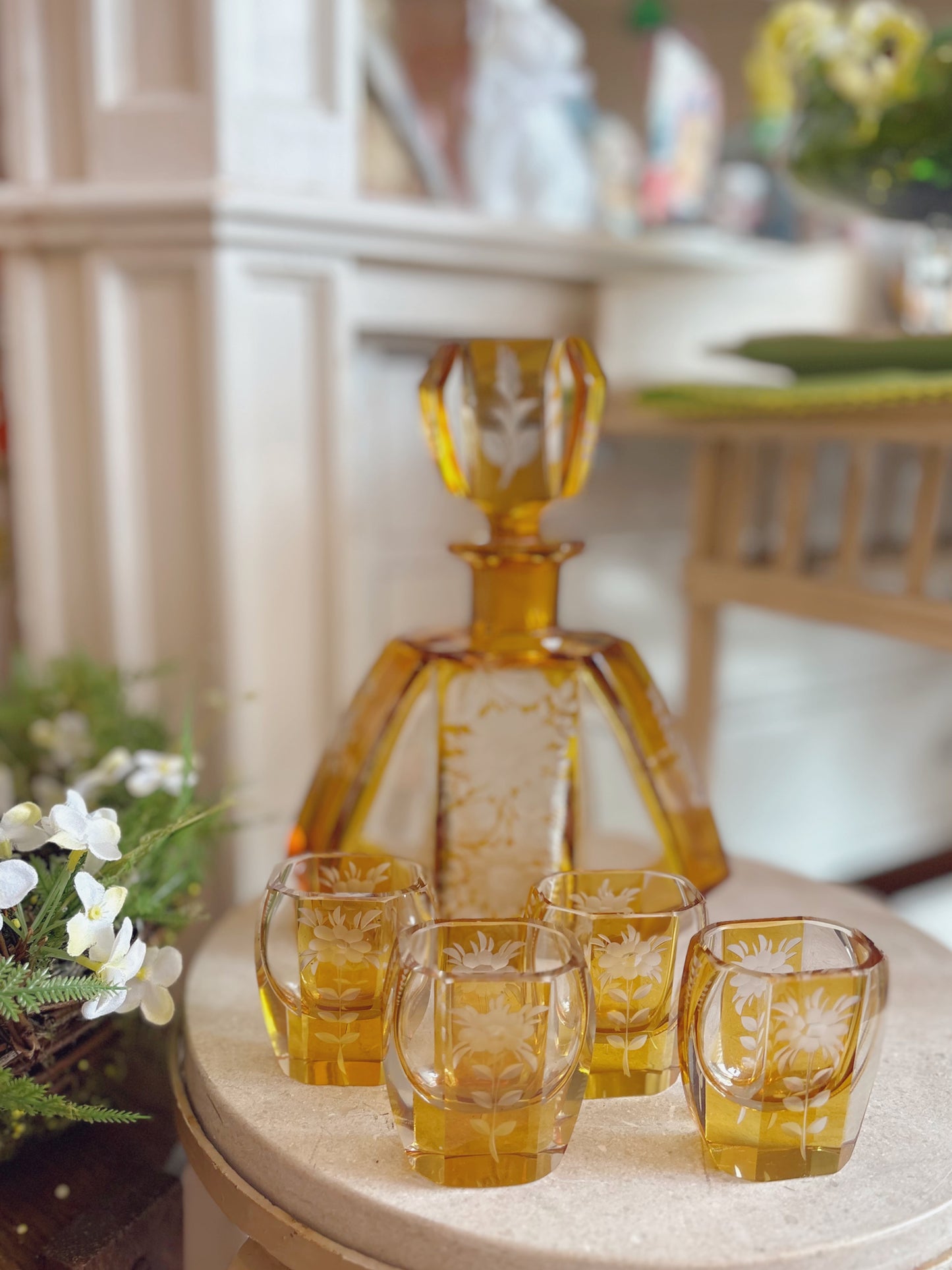 Etched Glass Decanter Set with shot glasses