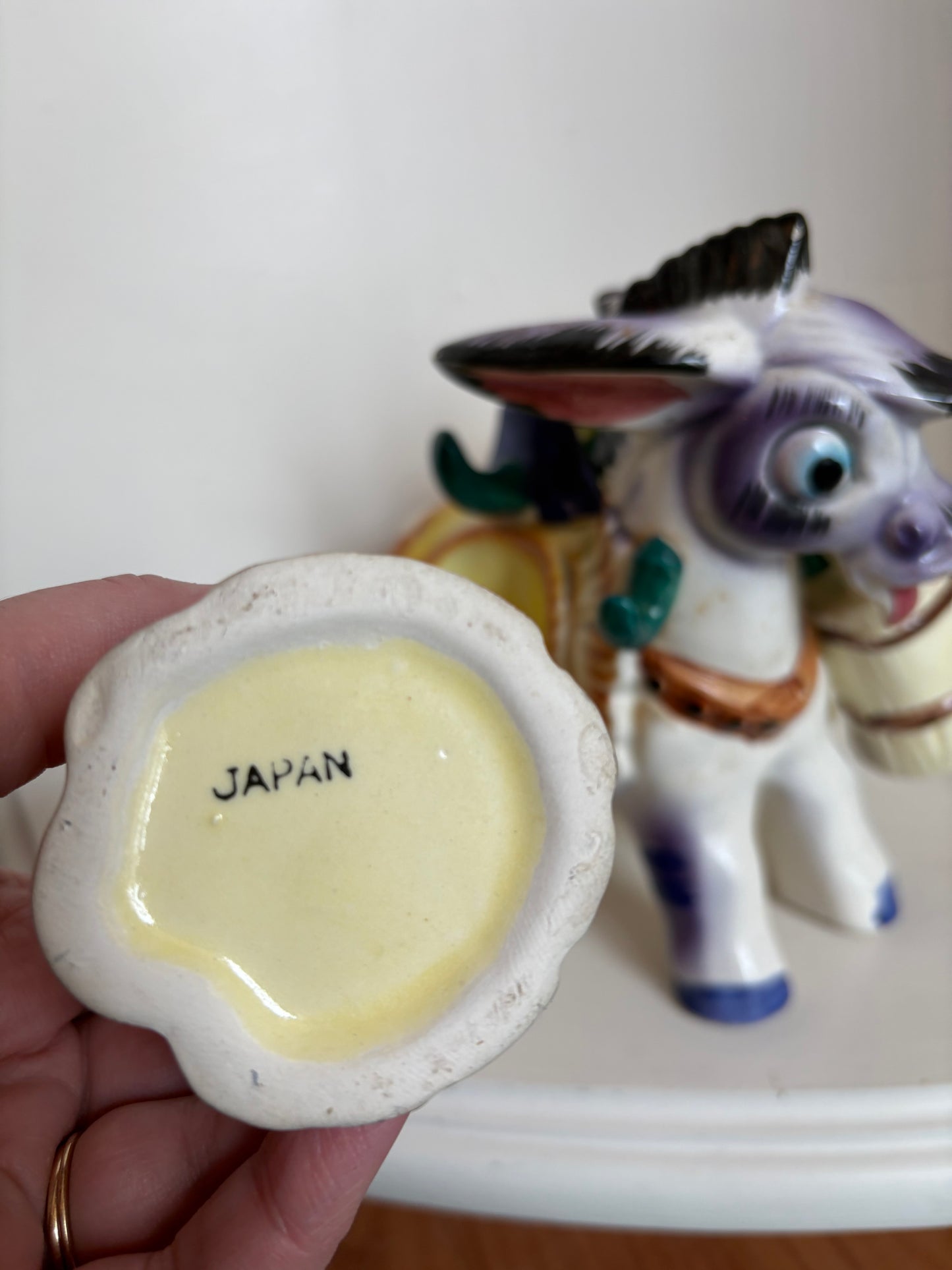 Vintage Japan Ceramic Burro Donkey Salt Pepper Oil & Vinegar Holder