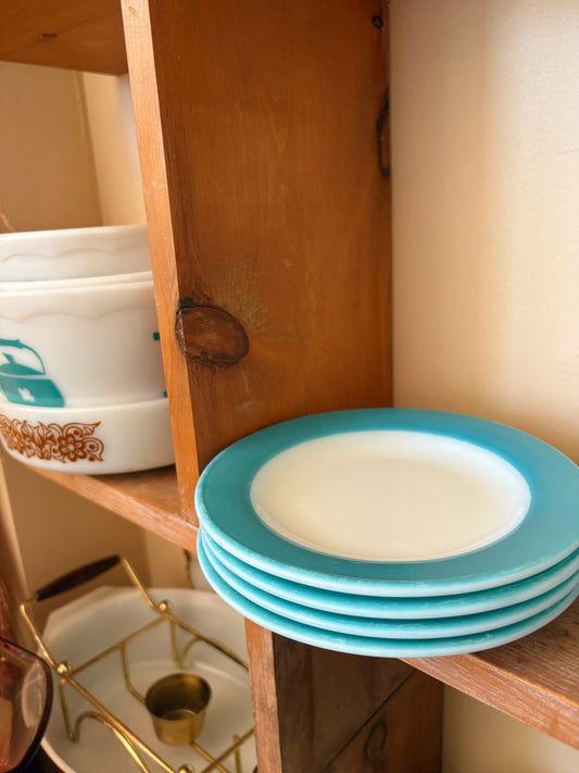 Pyrex Side Plates - Turquoise Blue Banded Milk Glass Dinnerware