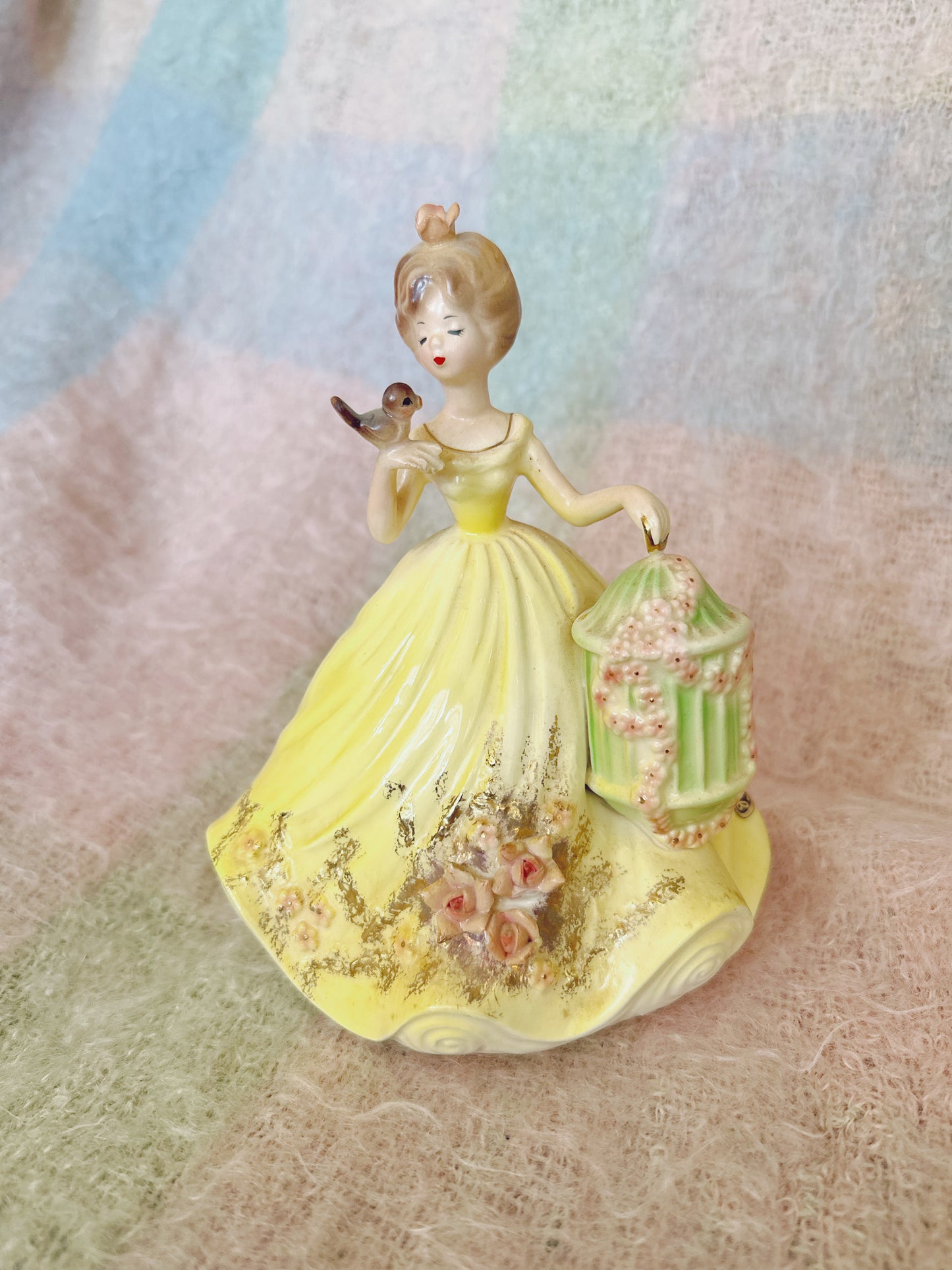 Rare large Josef Original girl with yellow dress and birdcage