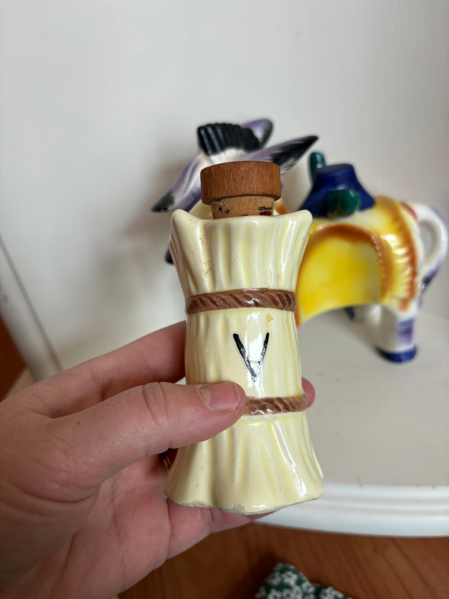 Vintage Japan Ceramic Burro Donkey Salt Pepper Oil & Vinegar Holder