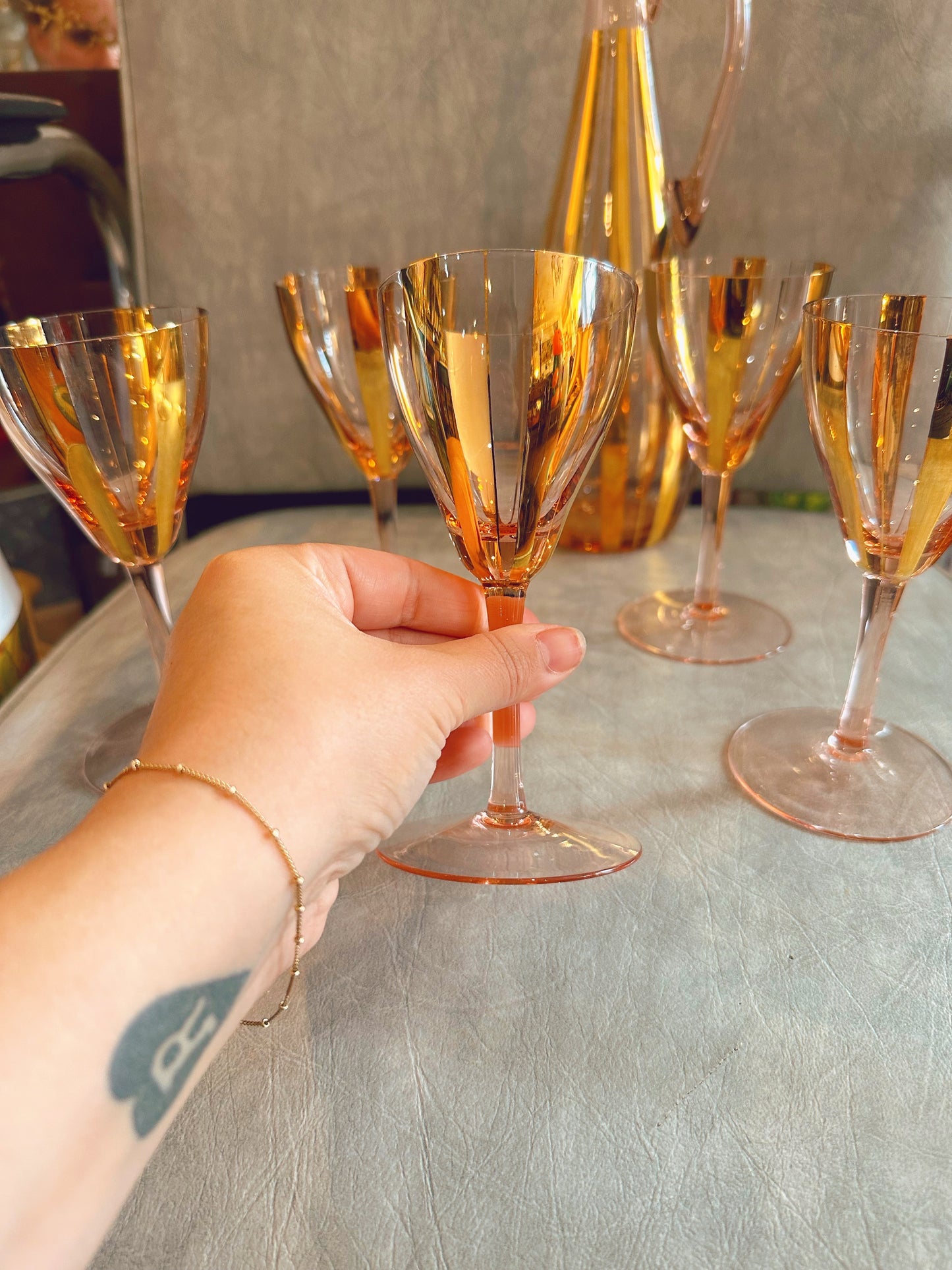 Mid century decanter & glasses set - gold leaf (blush pink)