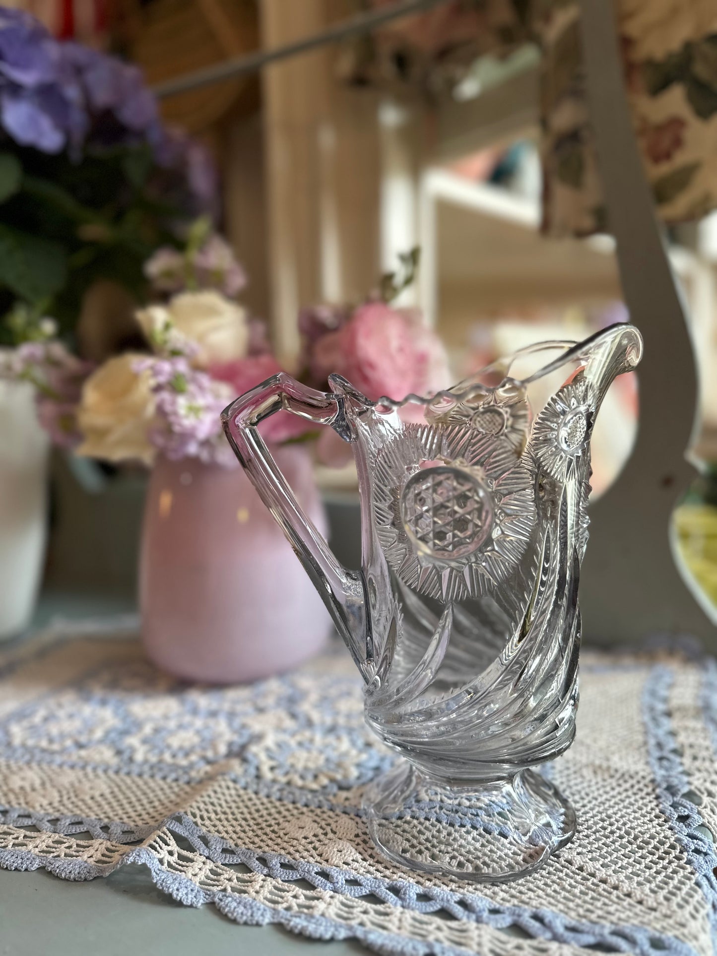 Early American pressed glass pitcher - Feather swirl pattern