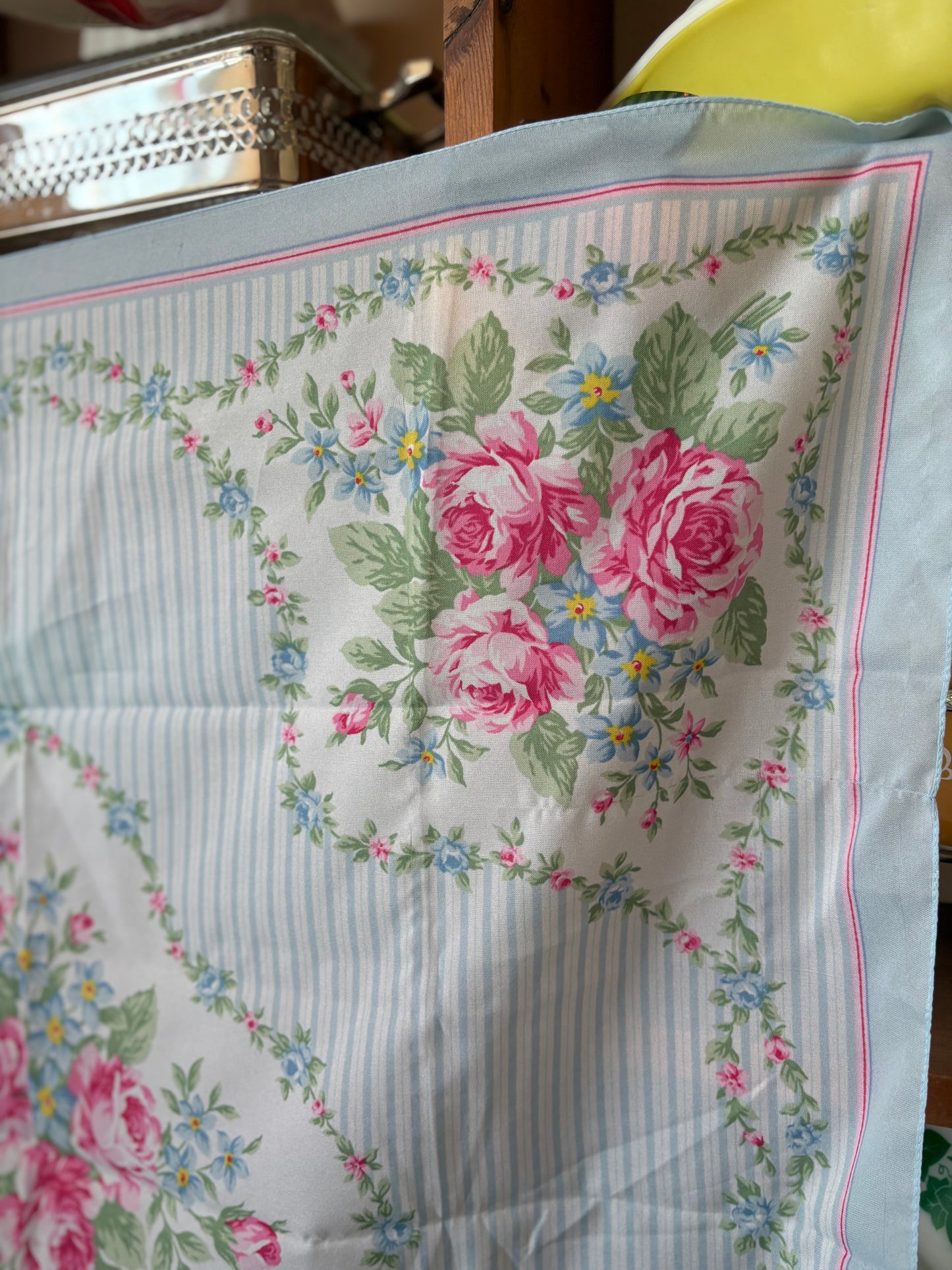 Scarf - Blue Stripes & Pink Roses