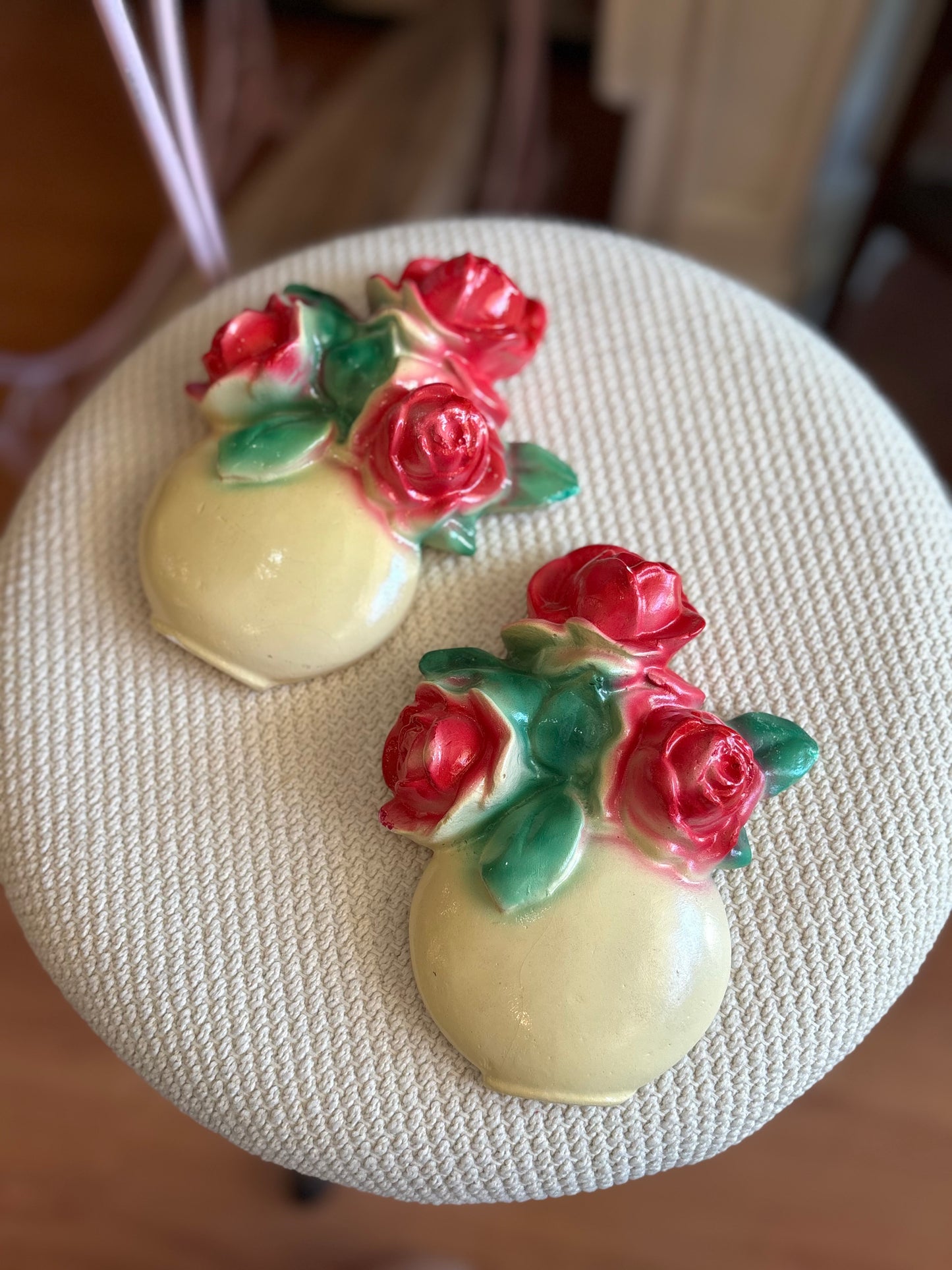 Pair of Chalkware wall hanging flower pots - roses