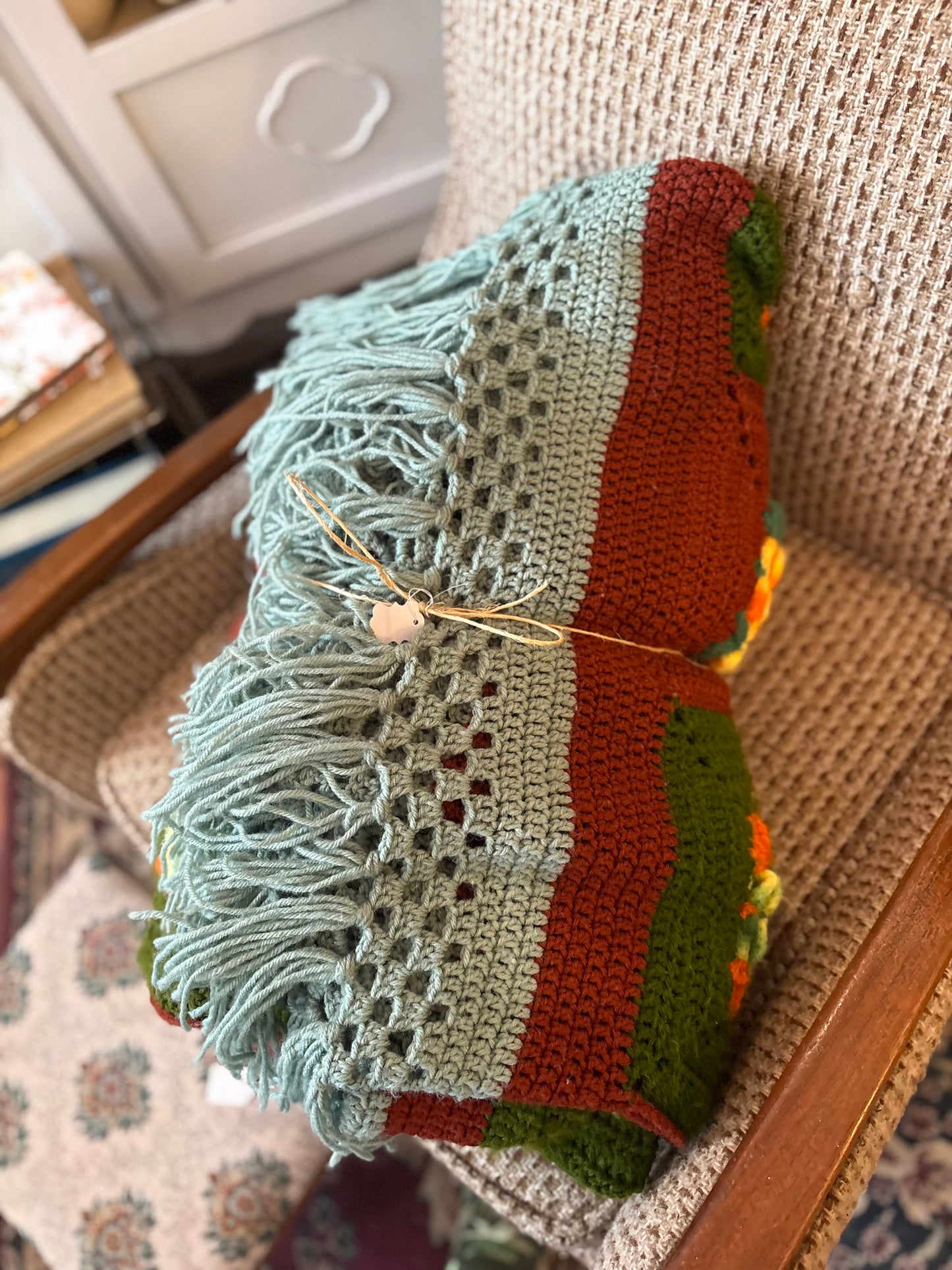 Crochet Blanket - floral squares 88x96 inches