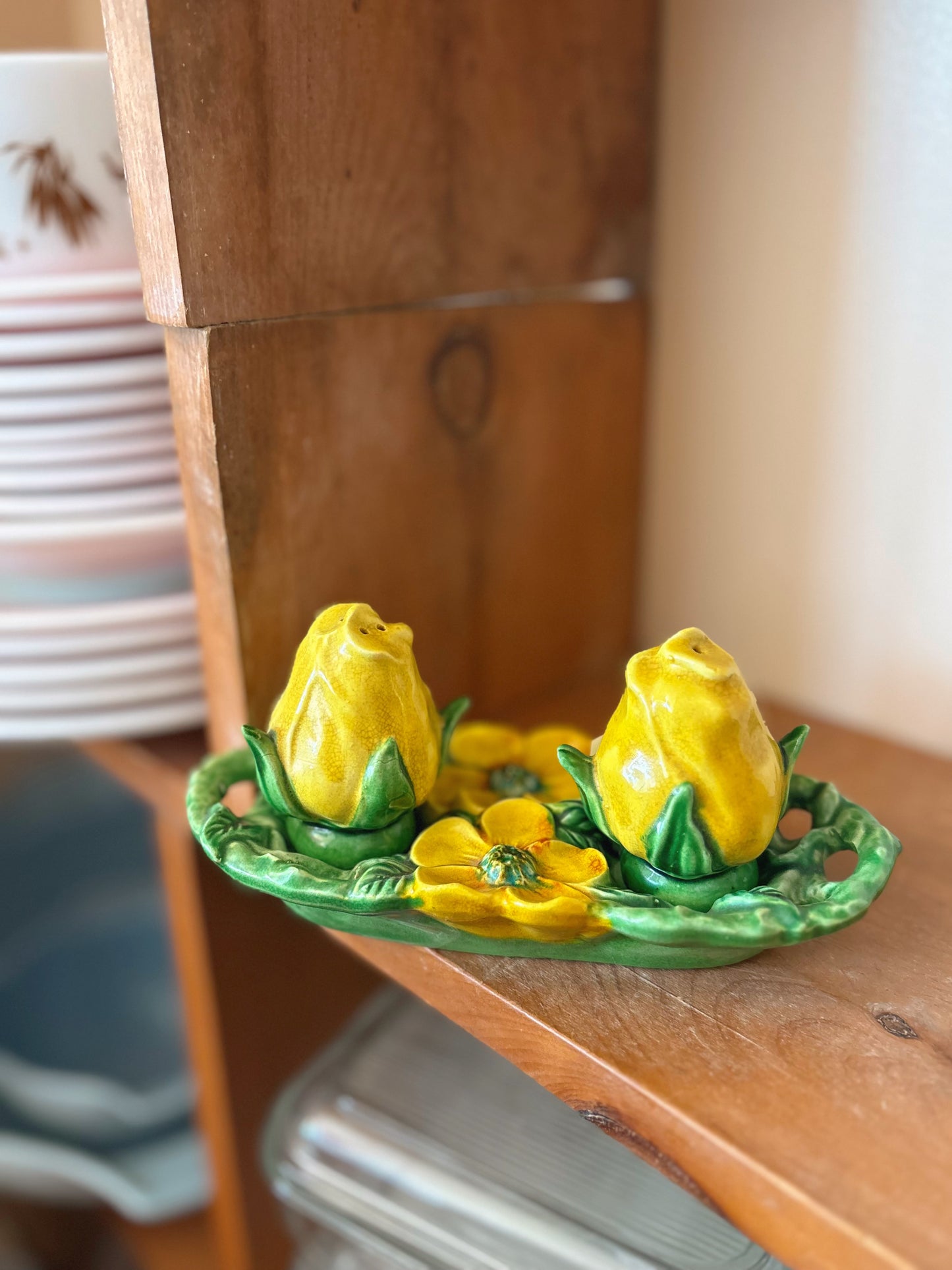 Yellow rosebud salt & pepper shakers with tray