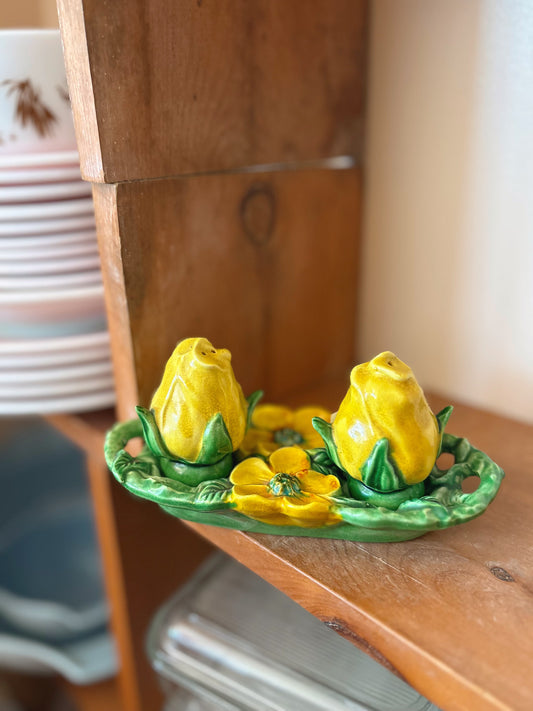 Yellow rosebud salt & pepper shakers with tray