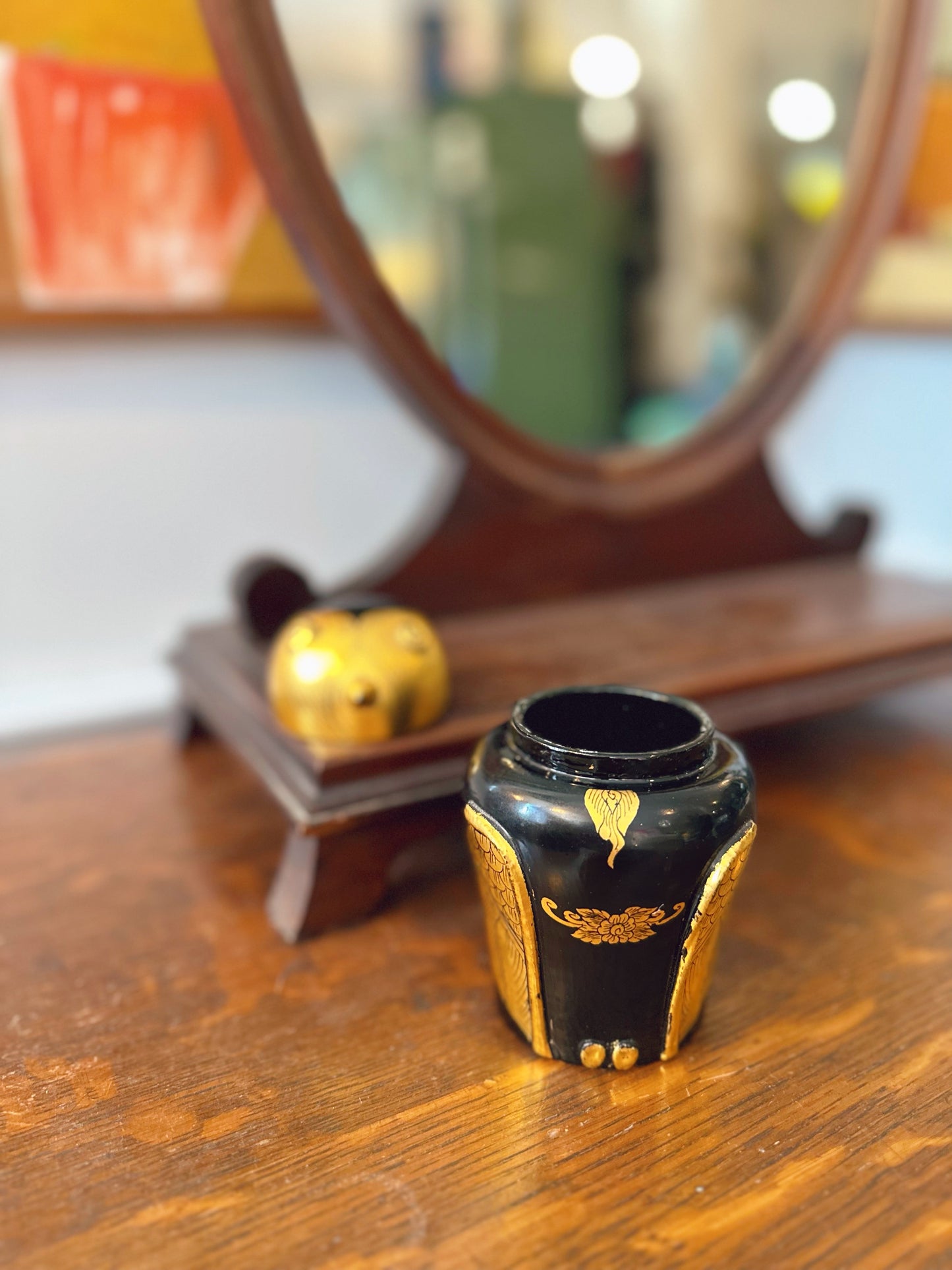 1950s Burmese Gold Leaf wooden owl jar