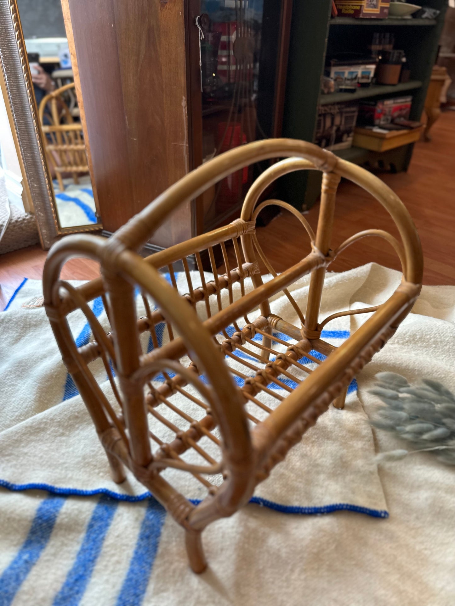 Large rattan magazine rack, vinyl holder, kids book rack