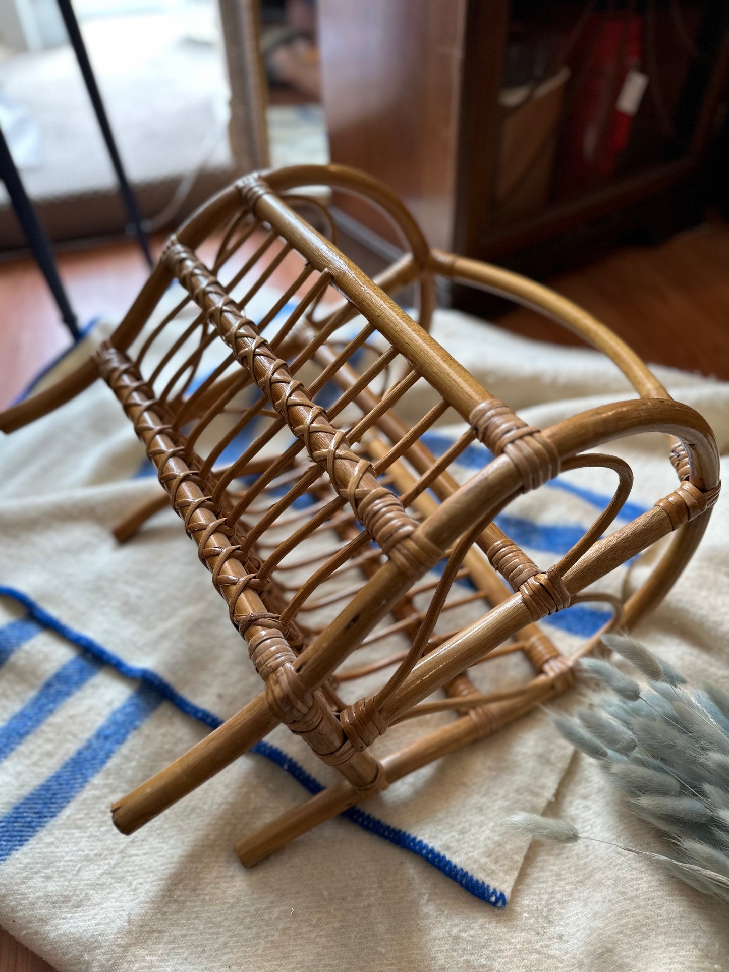 Large rattan magazine rack, vinyl holder, kids book rack