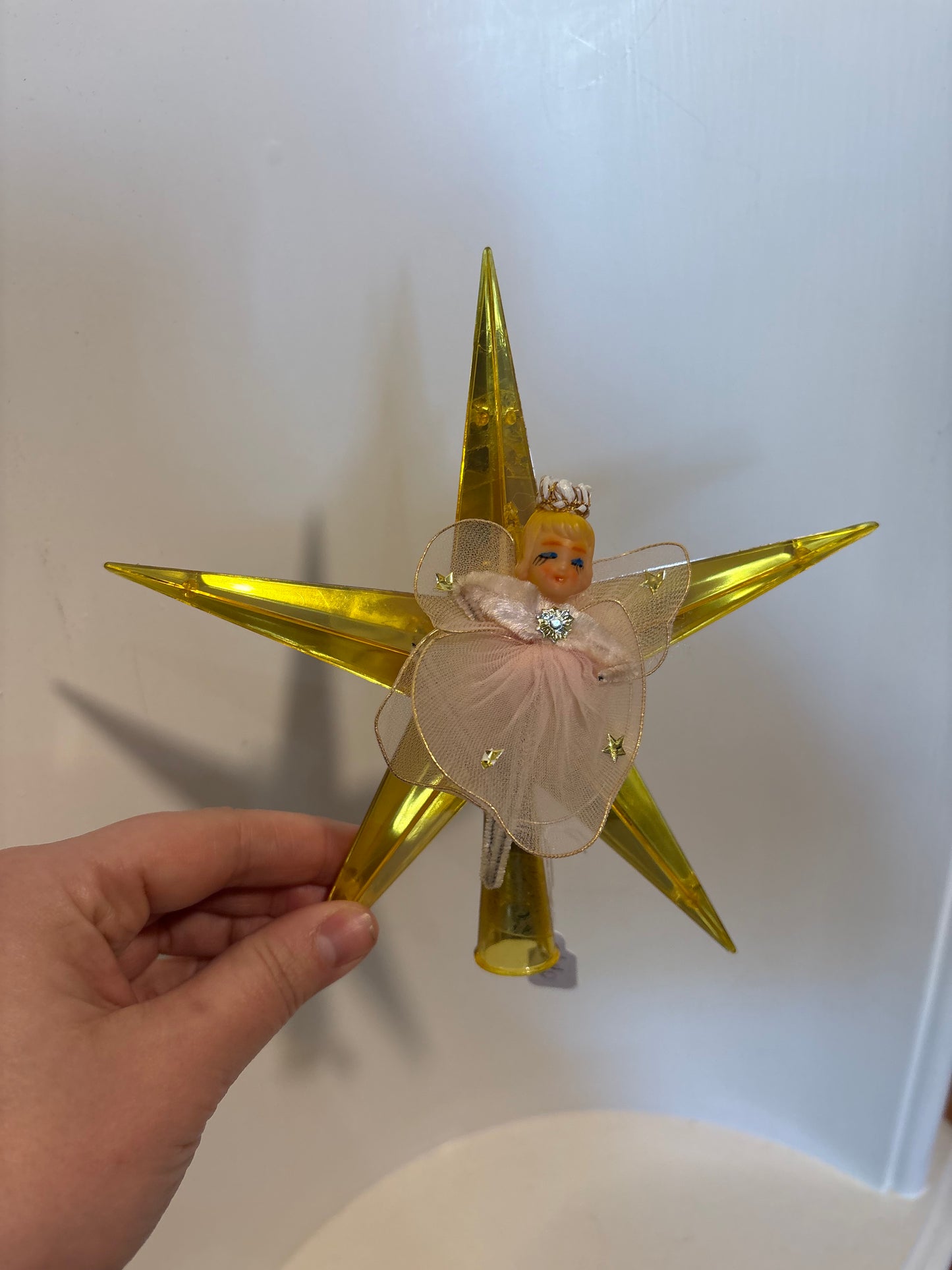 Gold Plastic Star Tree Topper with netting, pipe cleaner angel