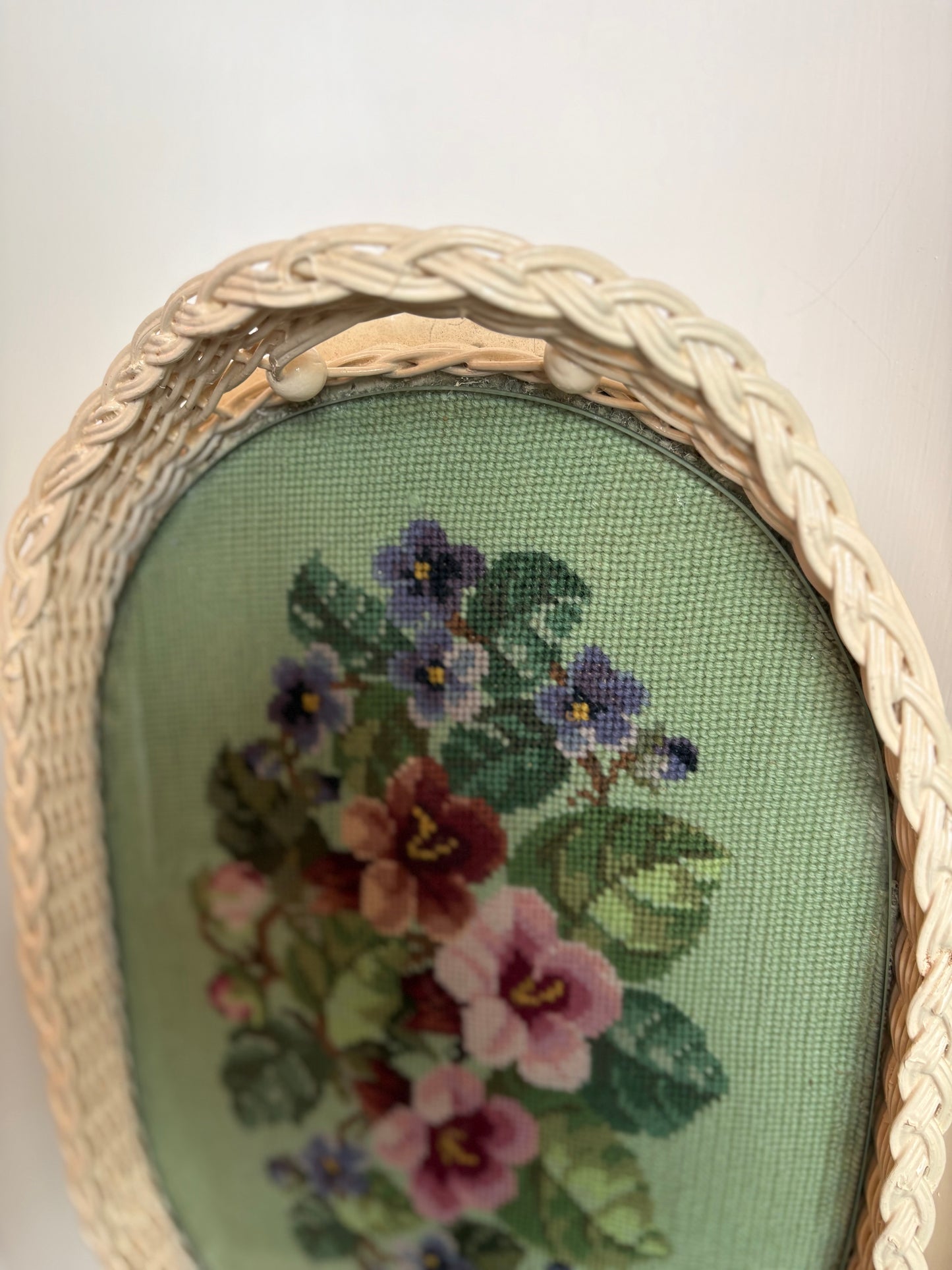 Needlepoint Wicker Tray with glass top
