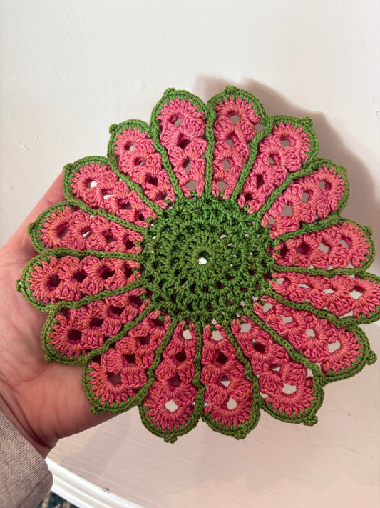 Small Handmade Doily - pink and green