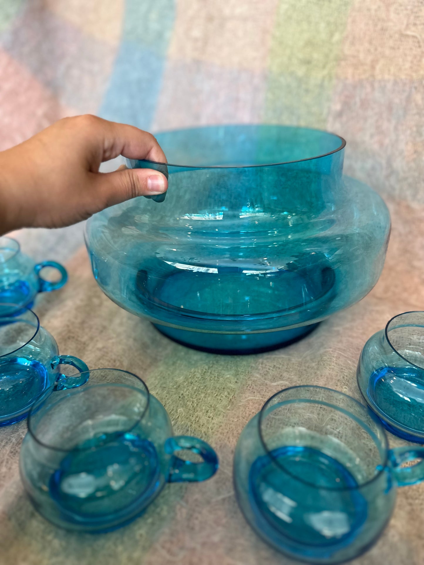 Six piece blue glass punch bowl set