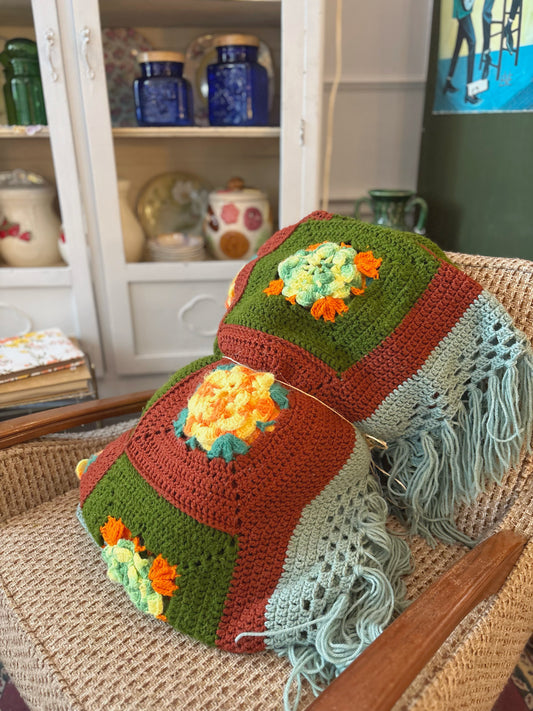Crochet Blanket - floral squares 88x96 inches