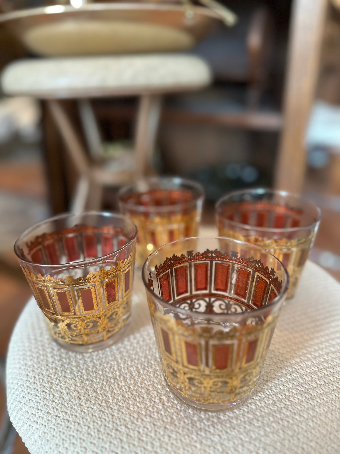 Set of 4 Libbey Mid Century Gold filigree barware