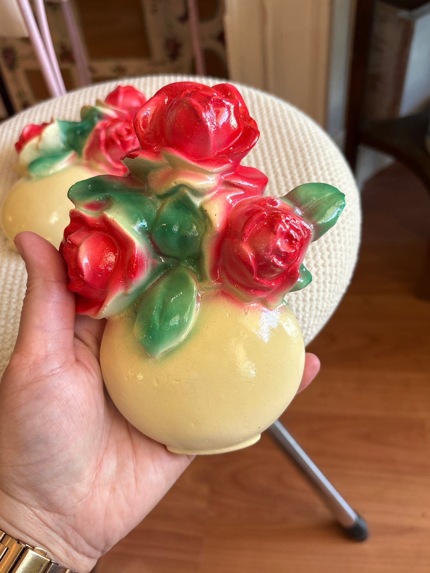 Pair of Chalkware wall hanging flower pots - roses