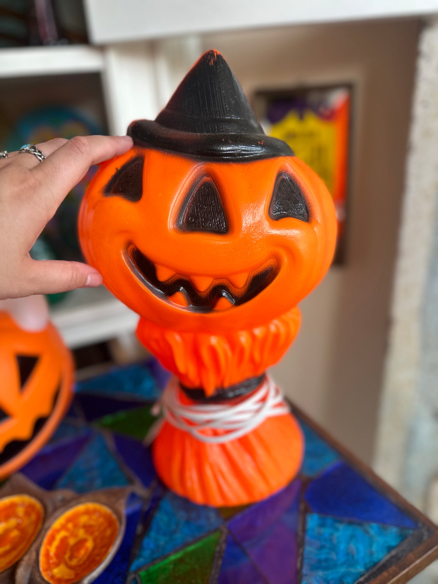 Small vintage Halloween Blow Mold - pumpkin with black hat