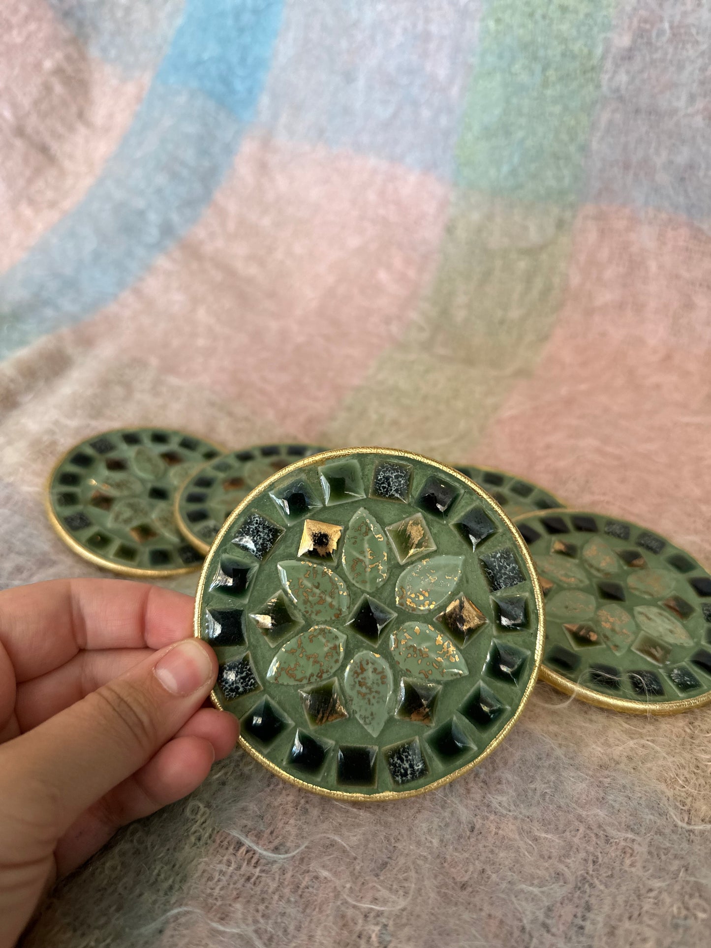 Set of 6 green & gold tile coasters