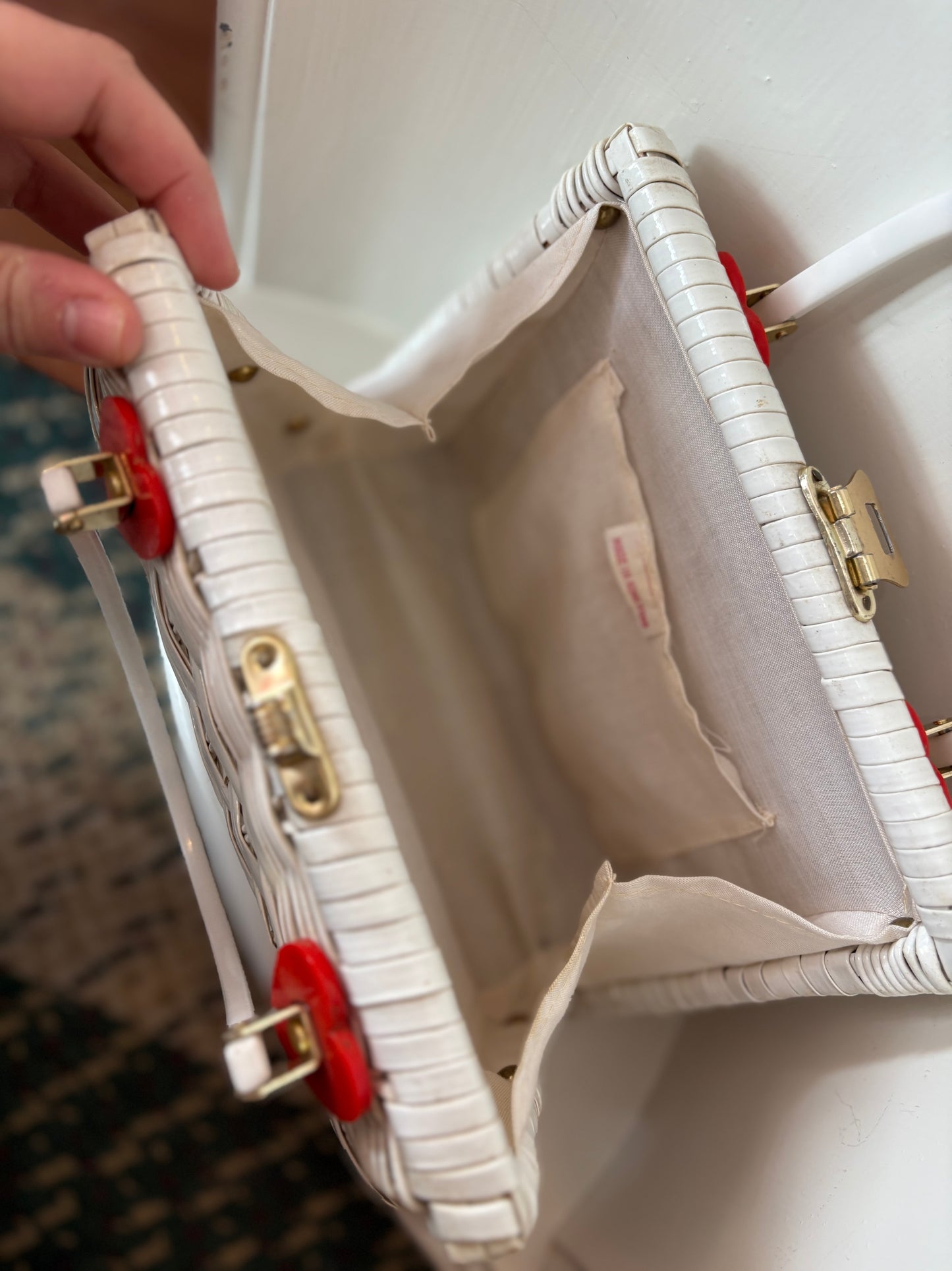 White wicker purse with heart details