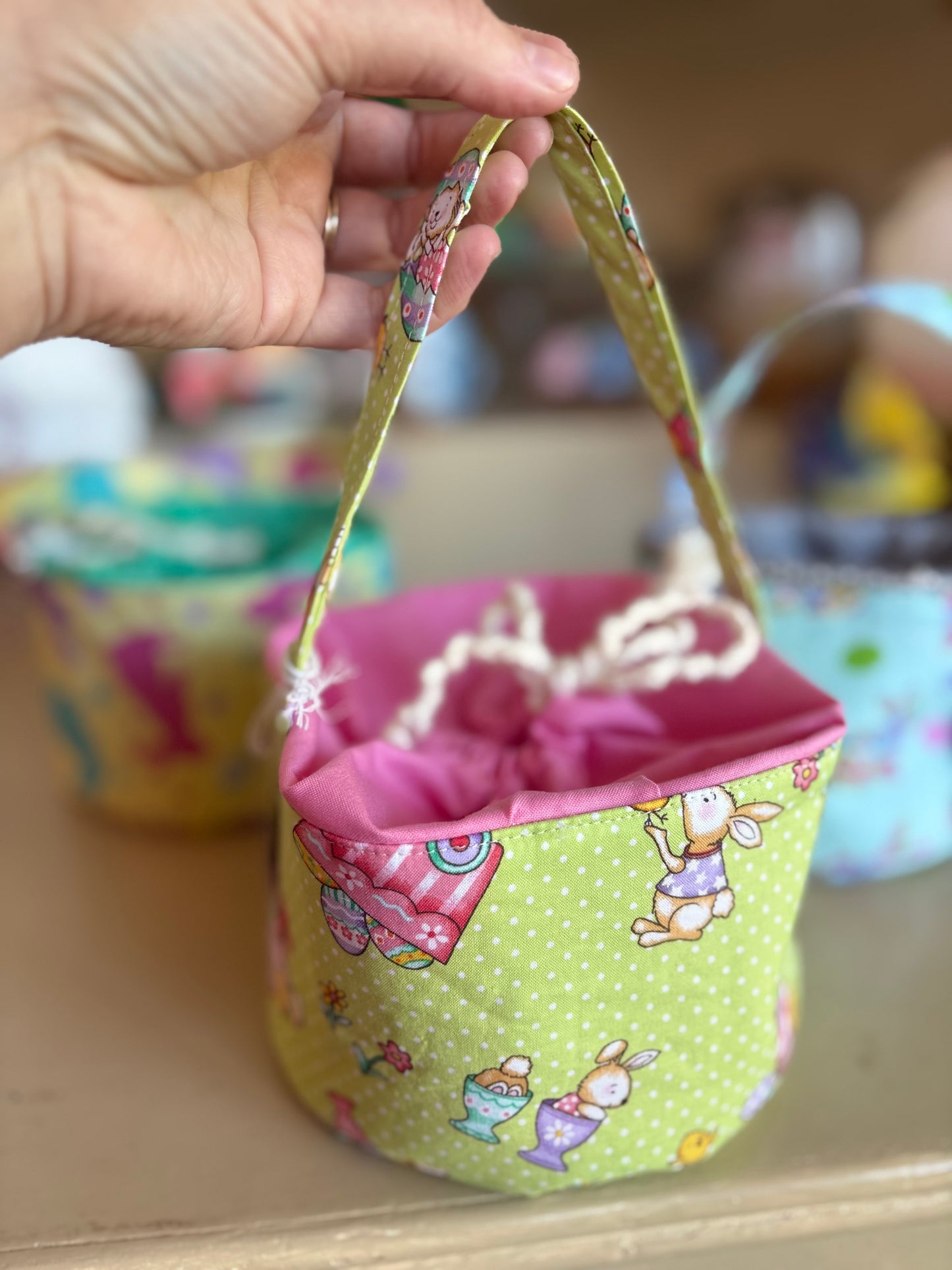 Green & Pink Bunny Easter Basket Handmade by Nana
