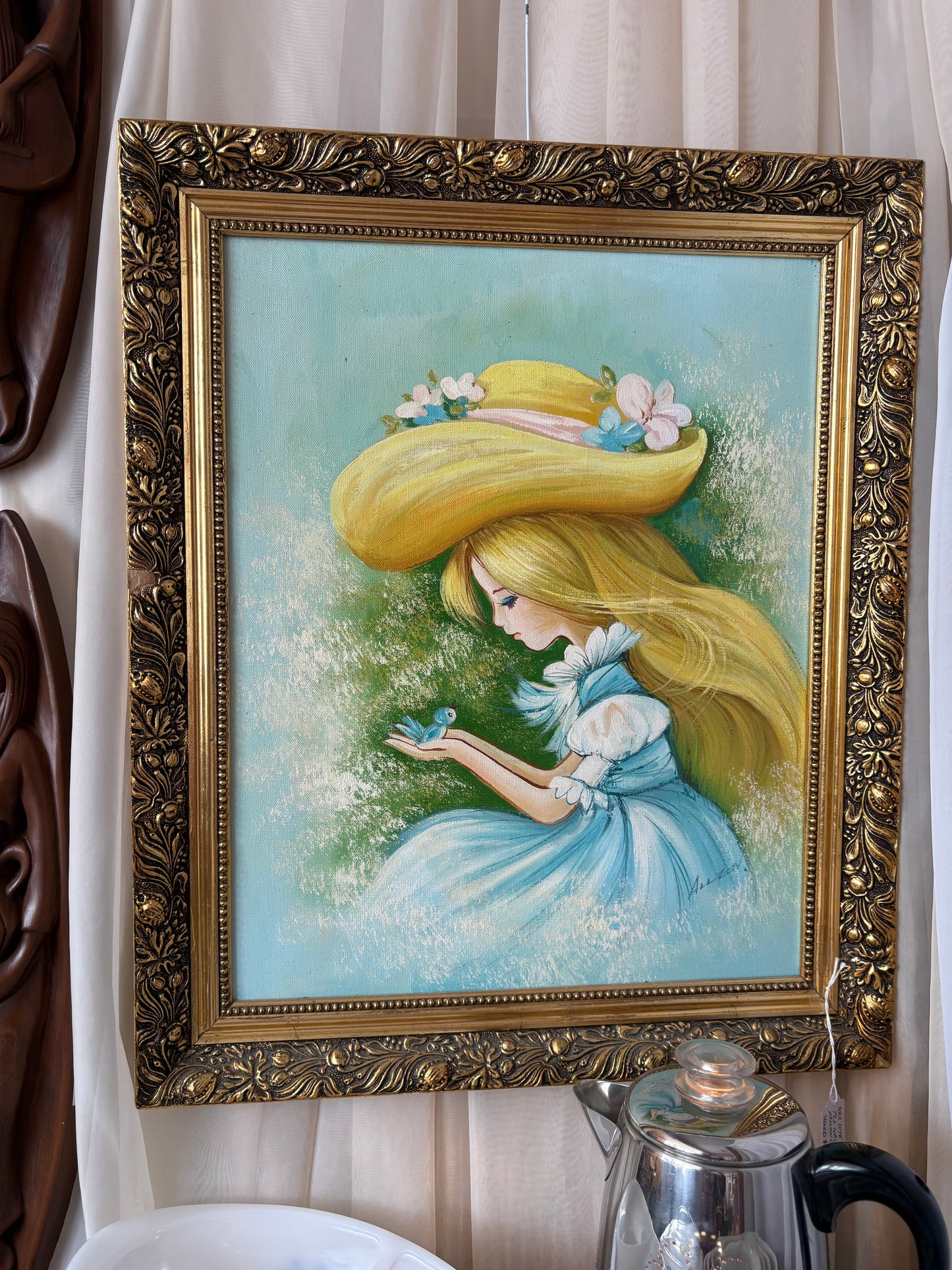 70s girl holding a bird painting - signed & framed