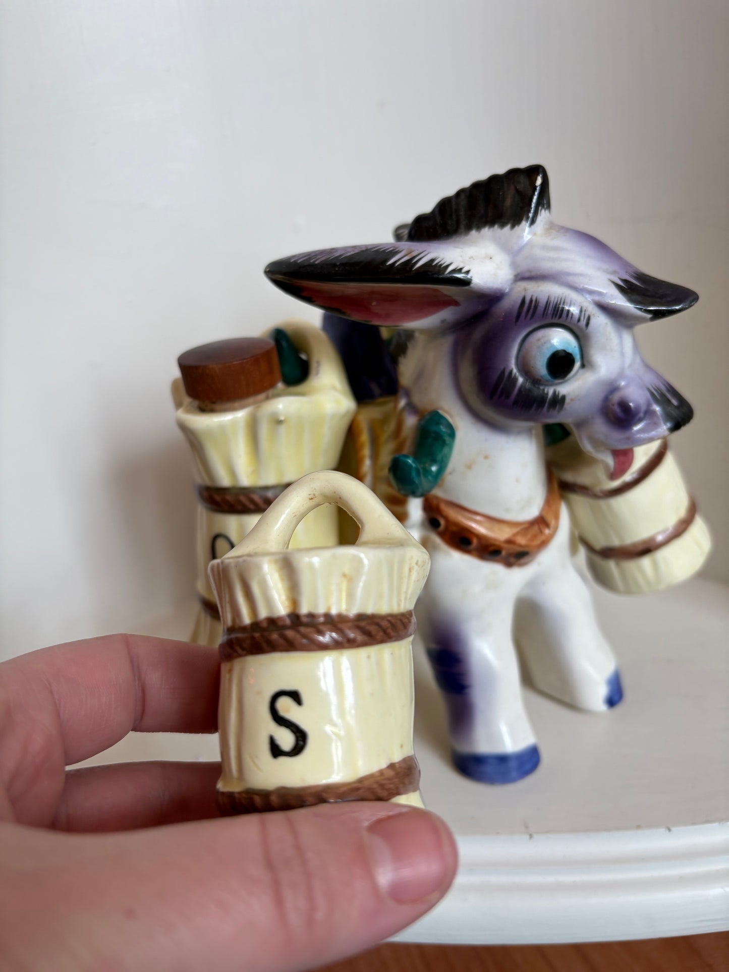 Vintage Japan Ceramic Burro Donkey Salt Pepper Oil & Vinegar Holder