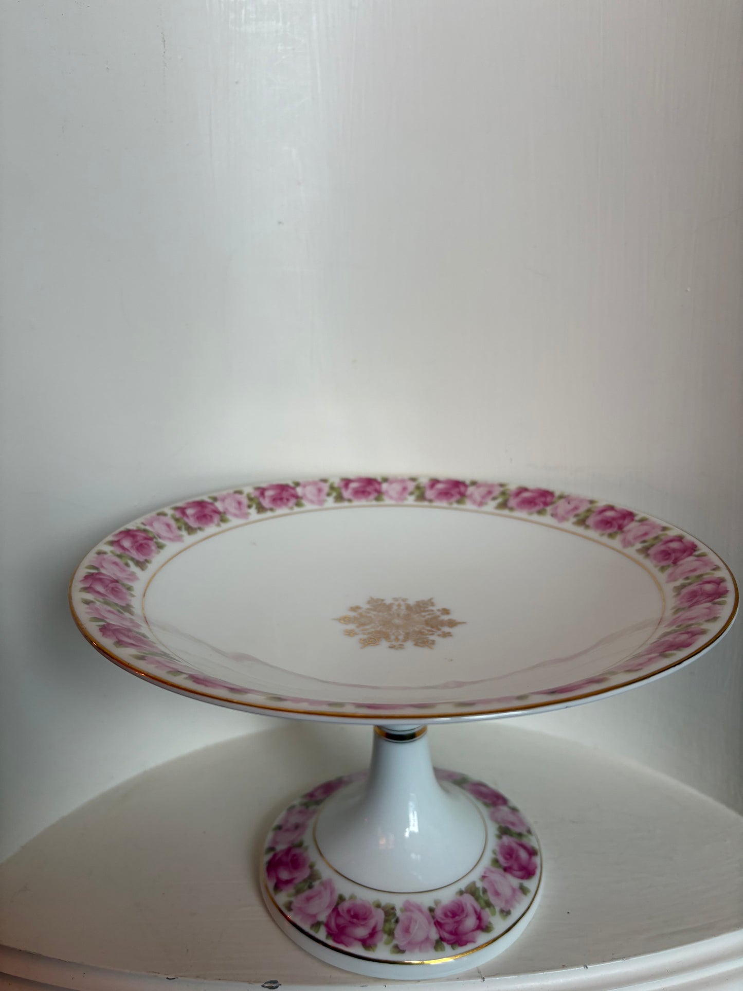 Pink Rose Trim Pedestal Dessert Tray