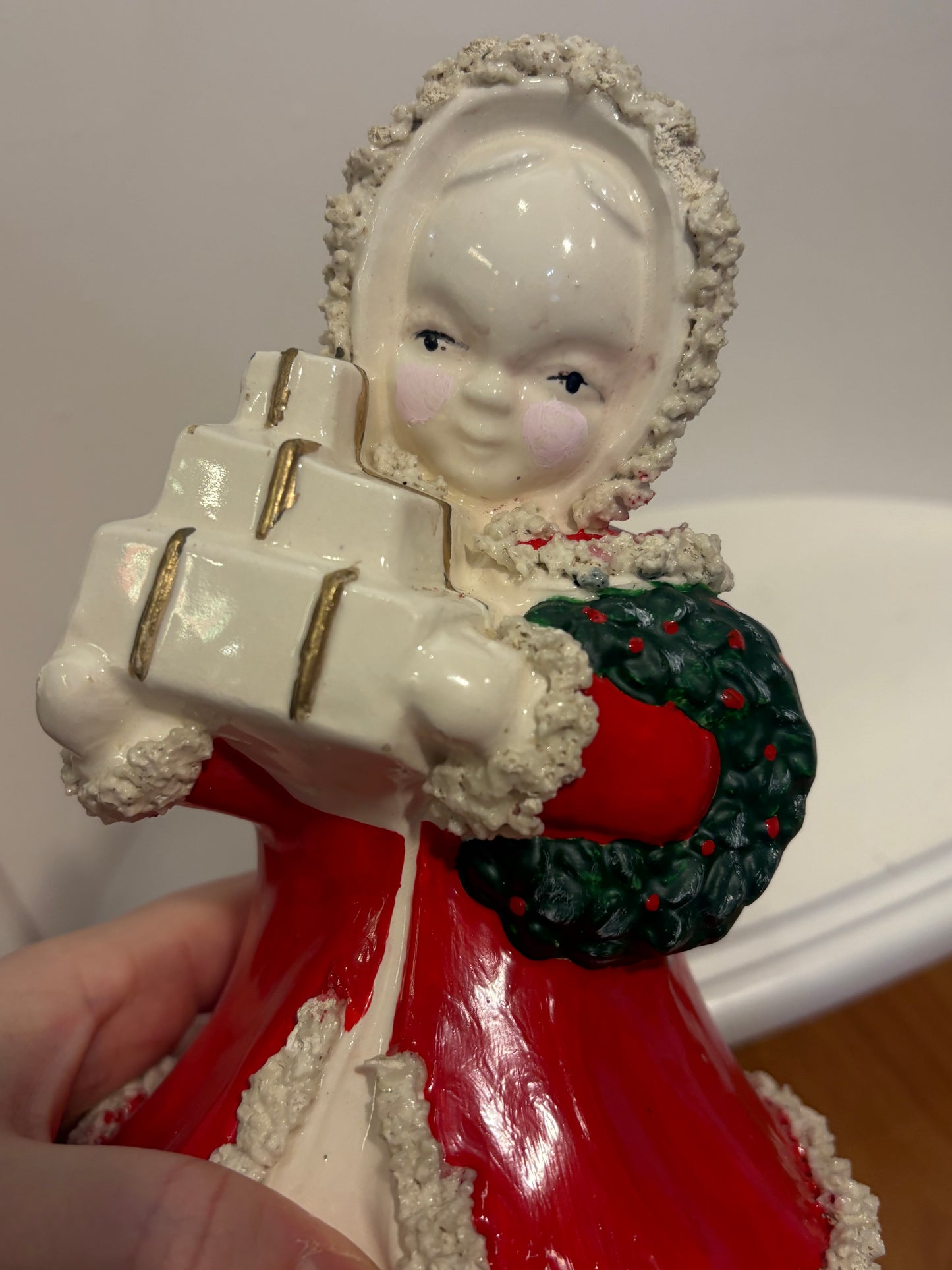 Christmas Shopping girl planter  with presents and wreath